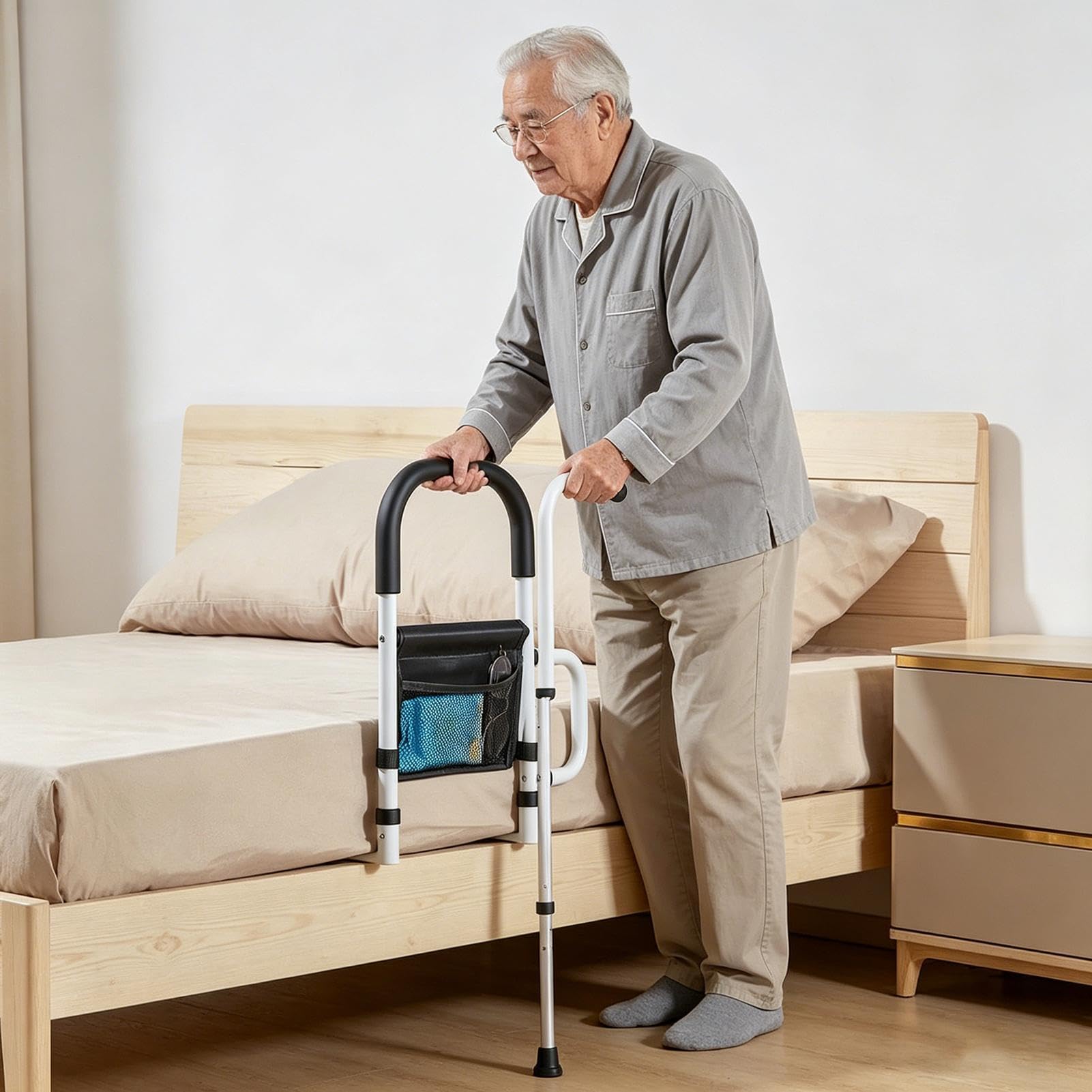 Generisch Pomoc przy wstawaniu łóżka dla seniorów – stabilny uchwyt i kratka ochronna na łóżko, uniwersalna do wszystkich łóżek, montaż bez użycia narzędzi i z torbą