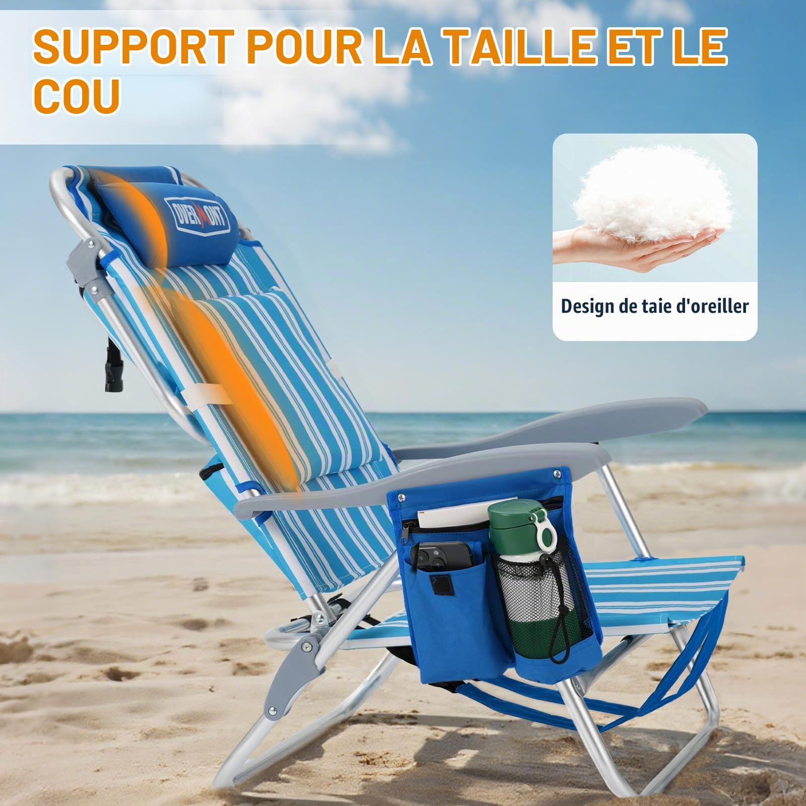 OVERMONT Chaise de Plage Basse Pliante, 6 Positions Jusqu’à 180°, Bleu | Supporte jusqu’à 150 kg; sac isotherme, porte-serviette et porte-gobelet; coussin lombaire et accoudoirs; pour camping