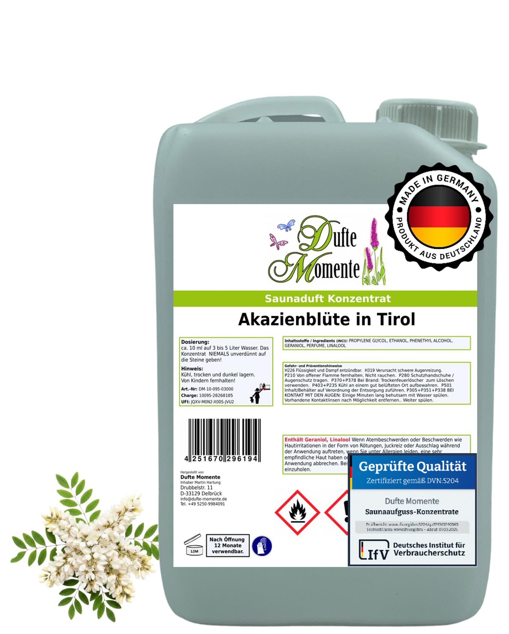 Dufte Momente Saunaaufguss-Konzentrat Akazienblüte – 3 Liter – zart & blumig – konzentriert & ergiebig – Profi-Qualität gemäß DVN:5204 getestet – vegan & Made in Germany
