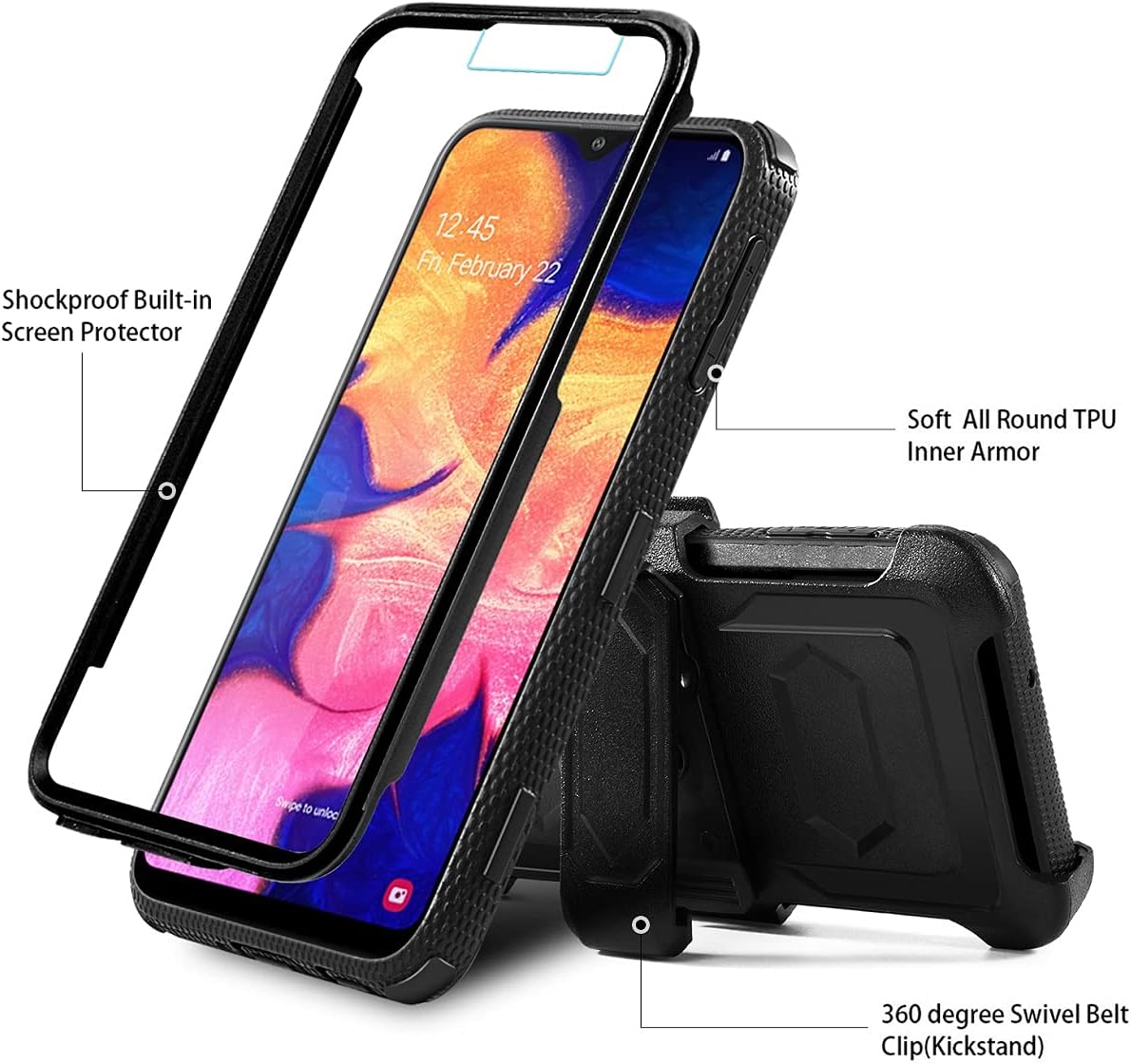 Aetech Phone Case for Samsung Galaxy A10e Case with Belt Clip Built in Screen Protector Kickstand Heavy Duty Durable for Women Men Girls Boys - Black