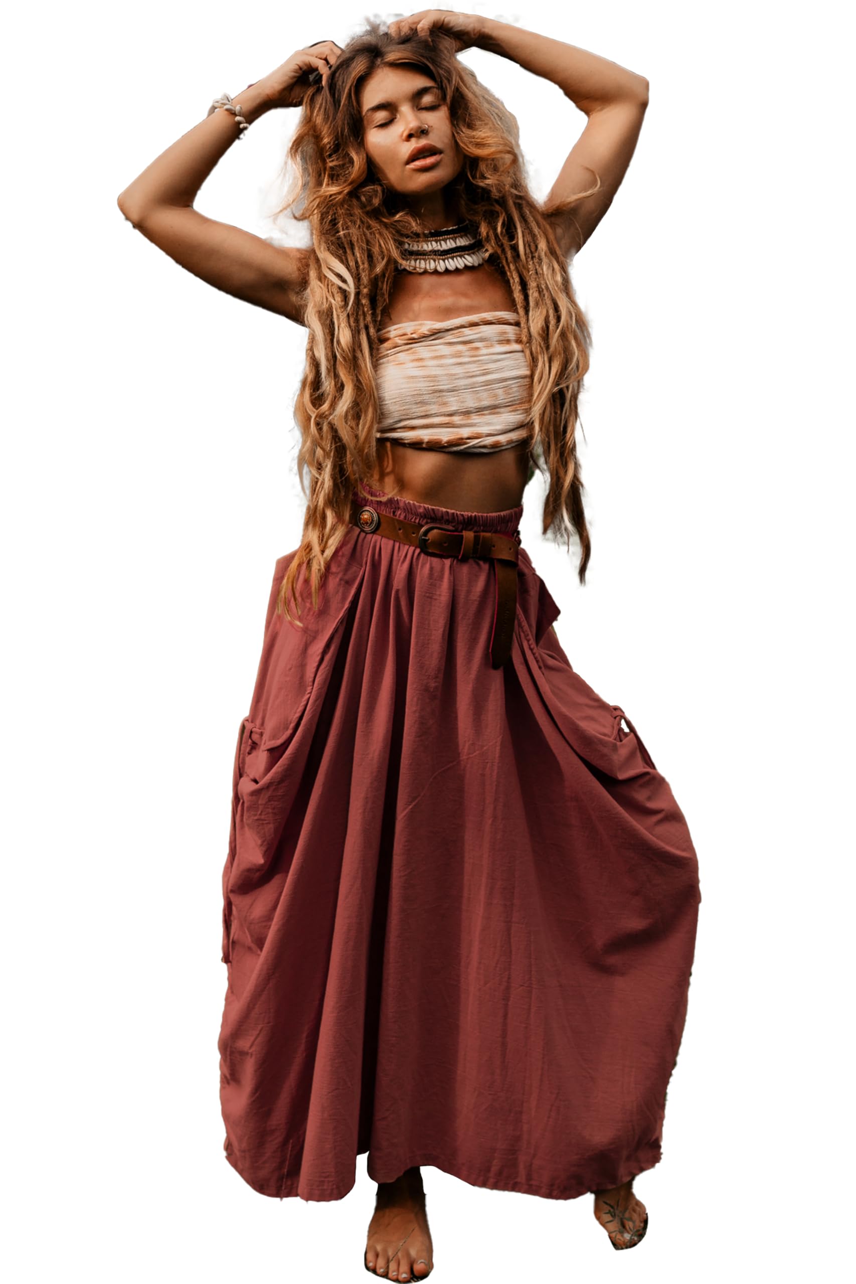 Thaluta Women's Rust Maxi Boho Skirt With Pockets Bohemian Organic Cotton Hippie Gypsy, One Size