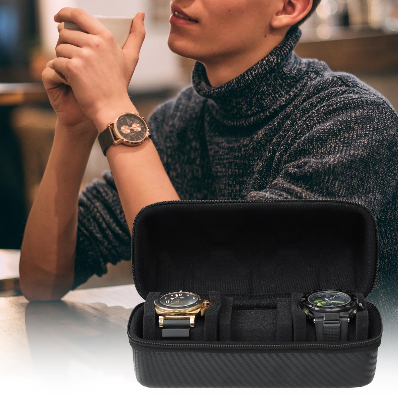 Custodia da viaggio per orologi, 3 scomparti, organizer rigido per orologi con cuscini rimovibili antiurto (nero)