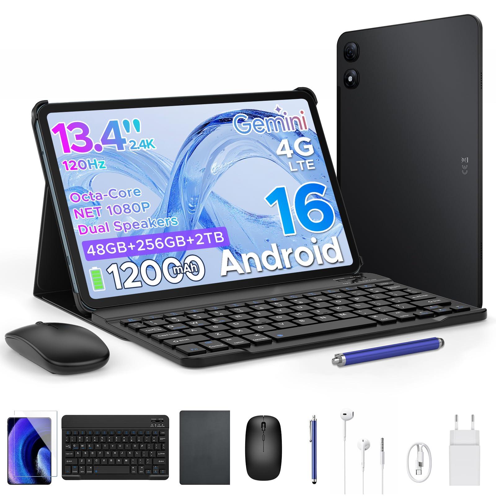 P13 Pro Tablet 13.4 Pulgadas 120Hz Android 16, 48GB RAM + 256GB(TF 2TB) Tablet con Teclado y Lapiz, T7280 Octa-Core, 12000mAh/18W, 16MP+8MP, Gemini AI, Widevine L1, Face ID, Dual SIM 4G, Negro