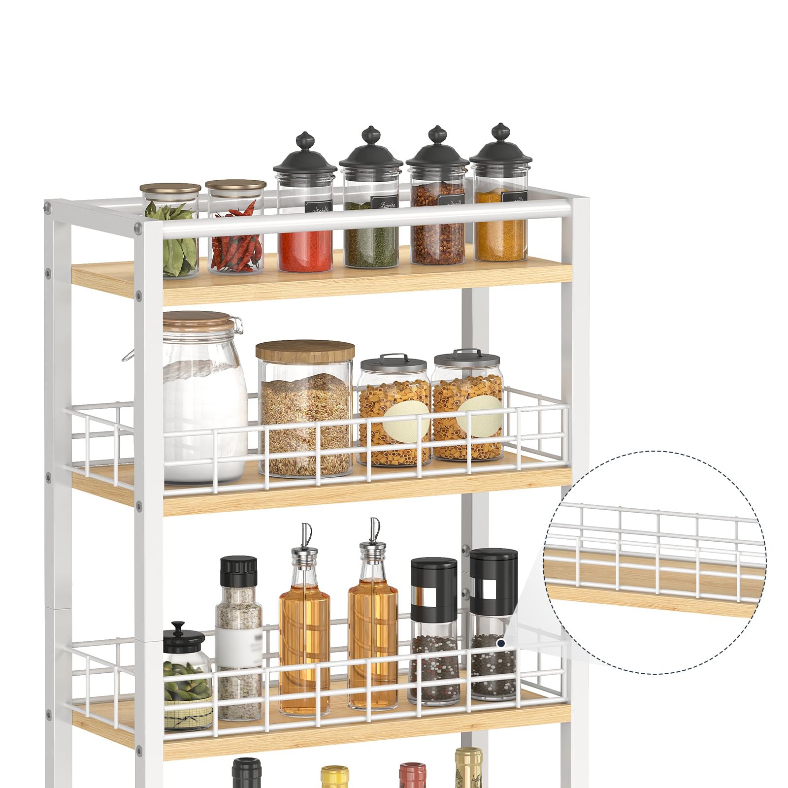HOOBRO Chariot de Cuisine à 4 Niveaux, Chariot de Service étroit, Rangement à roulettes avec Paniers, pour Cuisine, Salle de Bains, Salle à Manger, Buanderie, Blanc et Couleur Bois EWN17TC01