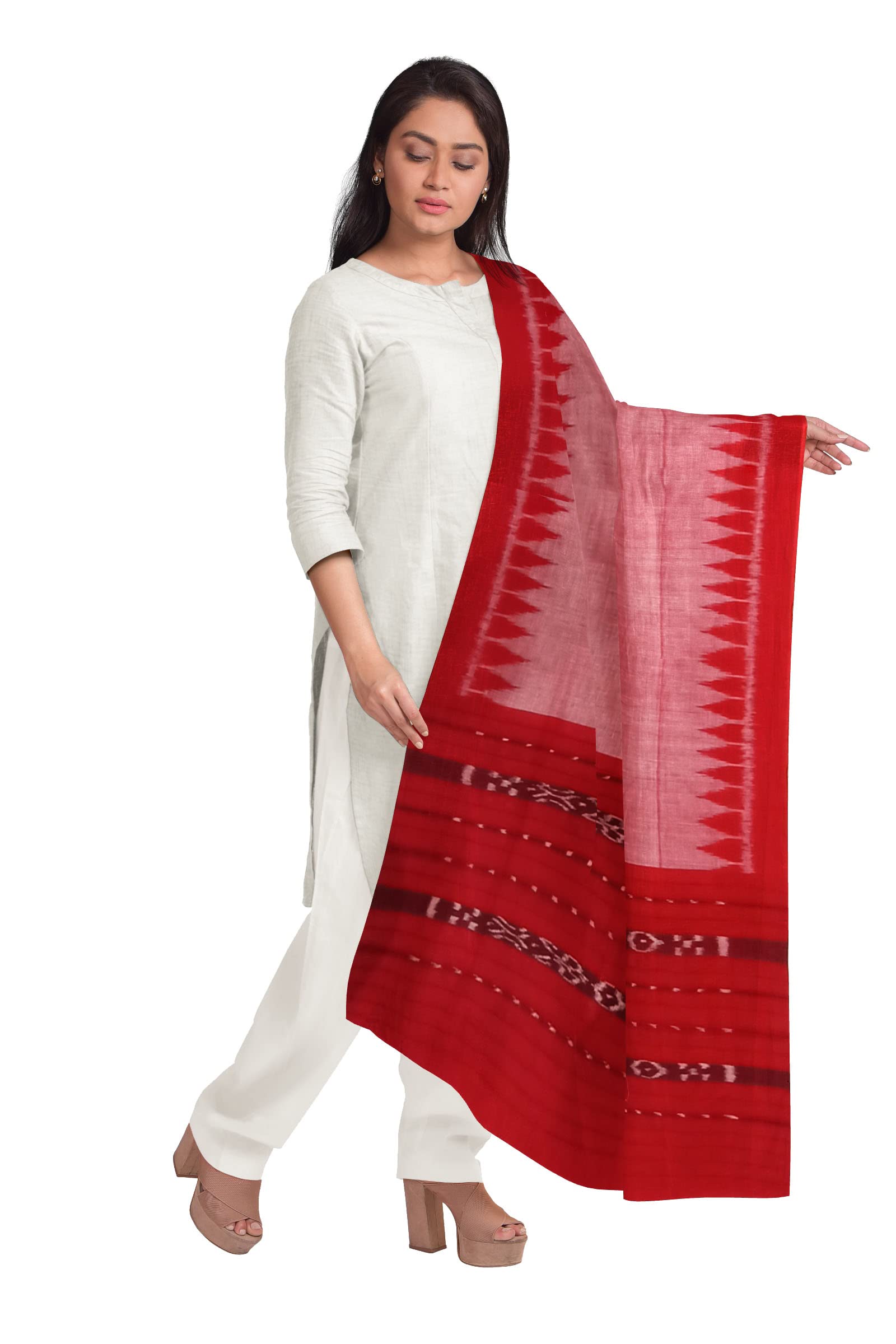 nuapatanapata Women's Solid Sambalpuri Cotton Dupatta with weaving and Ikat woven border from the Weavers of Odisha Temple Border & Ikkat Ladies Girls & Women -129-picture-11