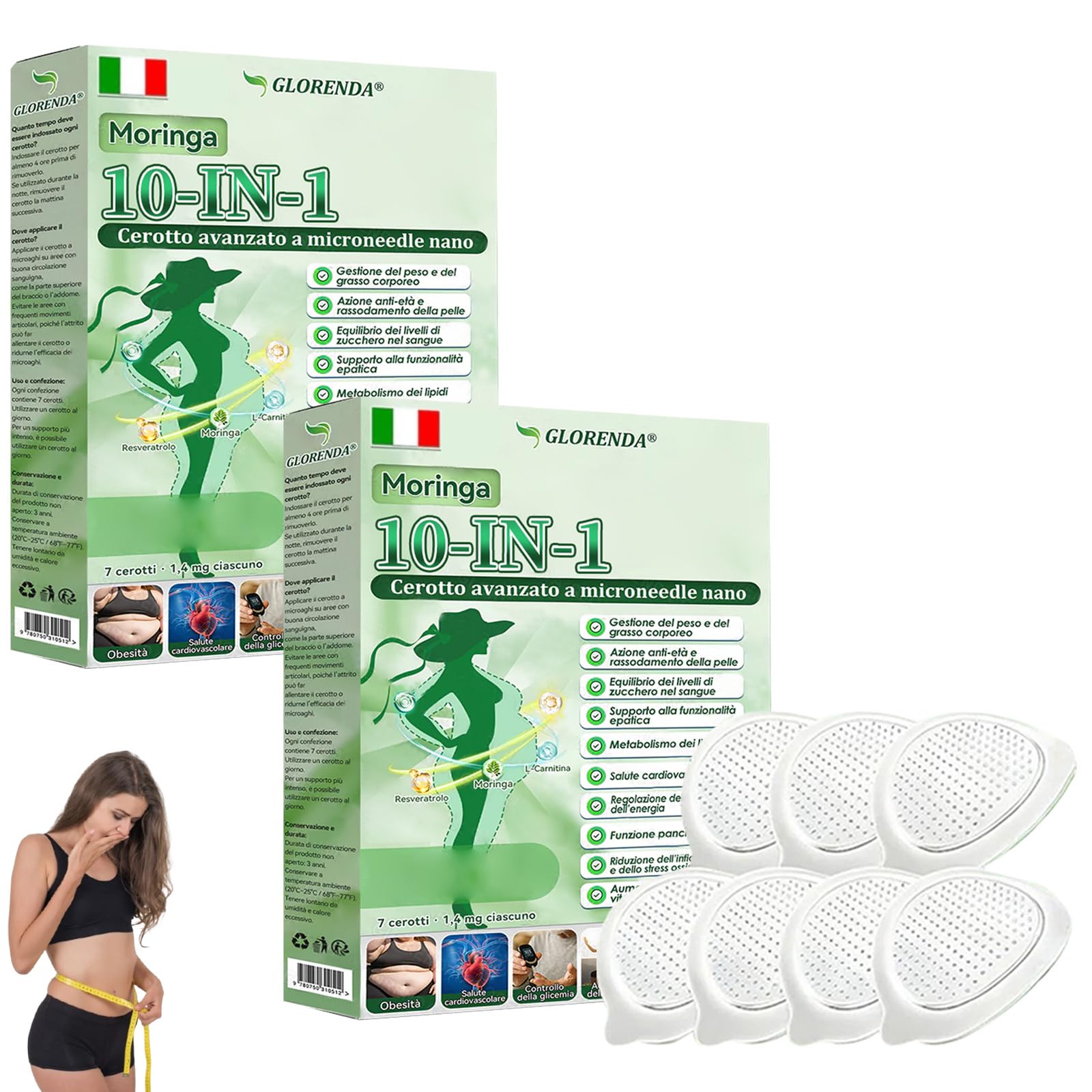 GLORENDA Moringa NAD+ 10-in-1 Advanced Nano Microneedle Plaster, GLORENDA Plasters, for Abdomen, Legs and Arms (2 Boxes)