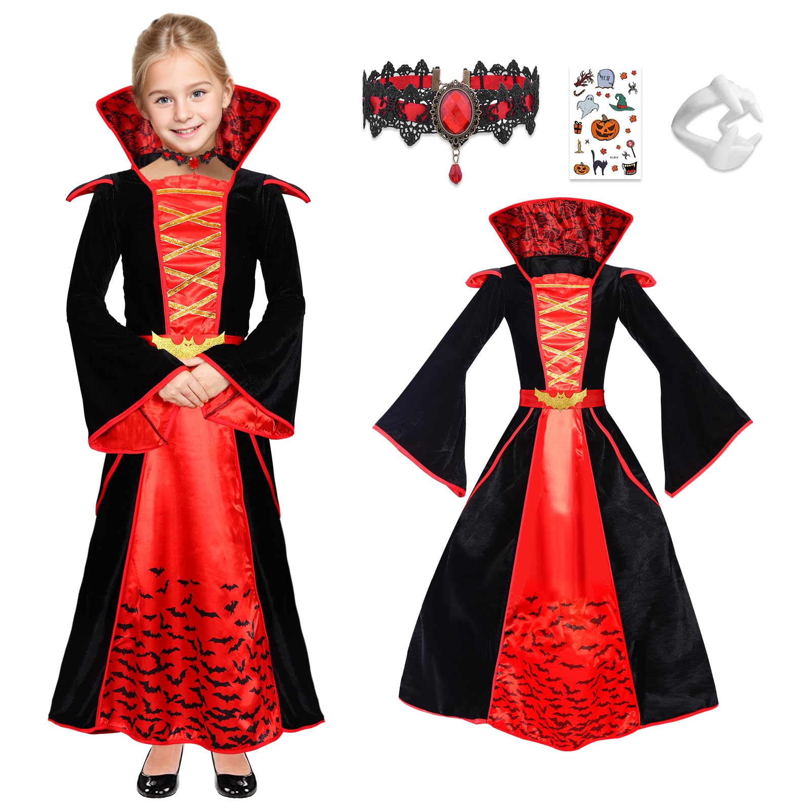 Angenster Gothic Dress - Vampire Costume for Girls, Royal Witch Outfit with Teeth Necklace & Sticker (M)