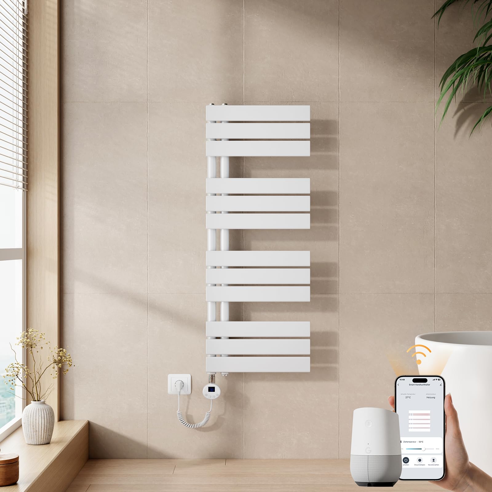 EMKE WiFi Handtuchheizkörper Elektrisch 1041x400 mm - Flach Badheizkörper Elektrisch, Elektrischer Handtuchwärmer Handtuchtrockner Handtuchheizung mit Thermostat und Heizstab - 400W, Weiß