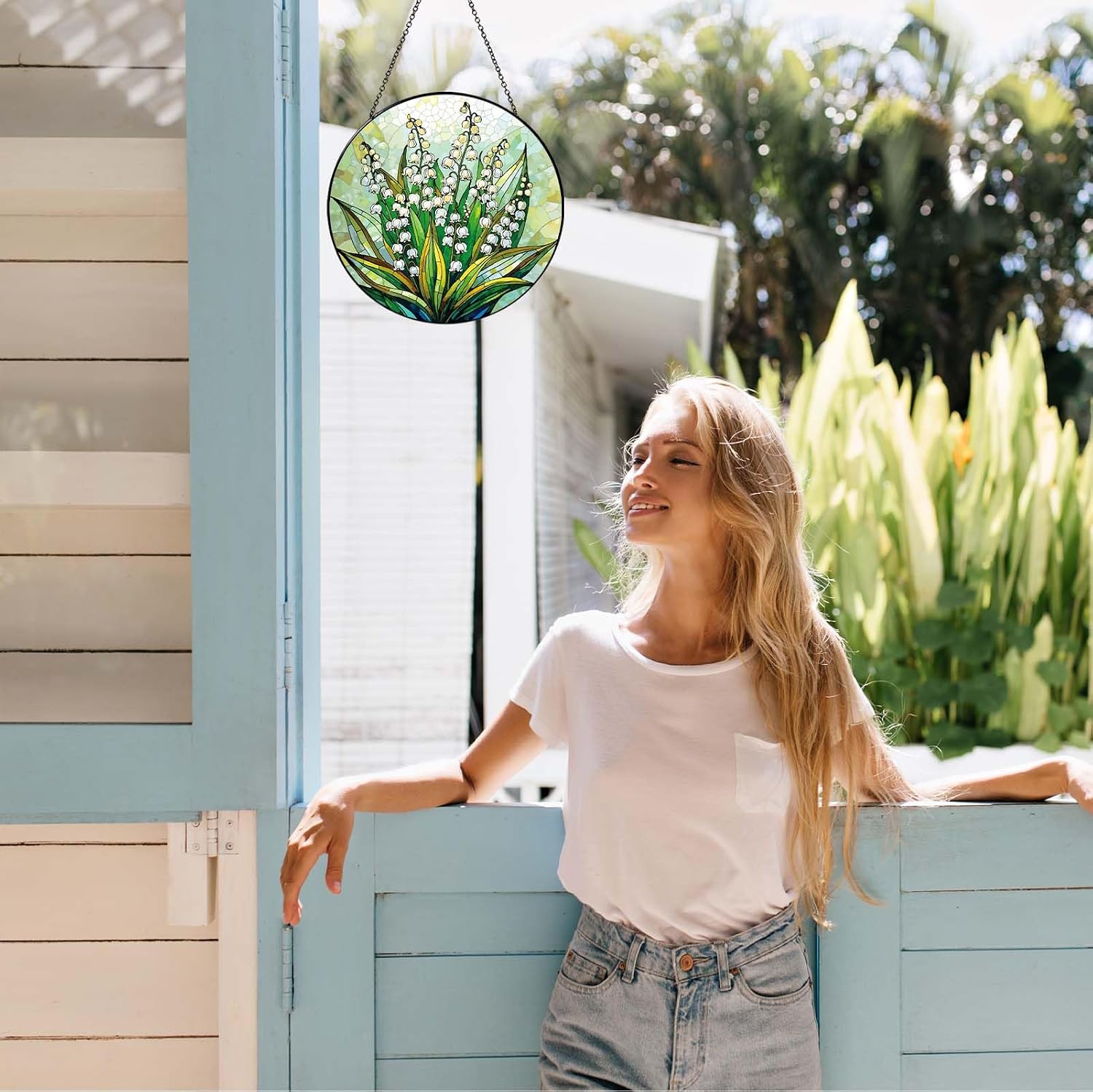 Hanging Stained Glass for Window Lily of The Valley Flower Suncatcher 7.8 inch Gifts for Women Christmas Mother's Day Valentine's Day Decorations Holiday