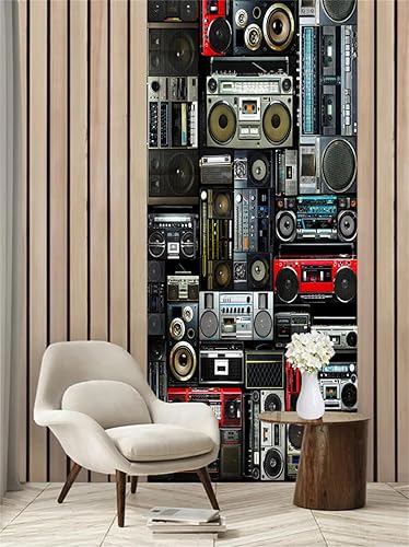 Miniatura 5 de artfanke Adhesivo 3D para puerta, 33.5 x 84.6 pulgadas, papel tapiz autoadhesivo impermeable, mural para puerta, póster vintage de radio Boombox de