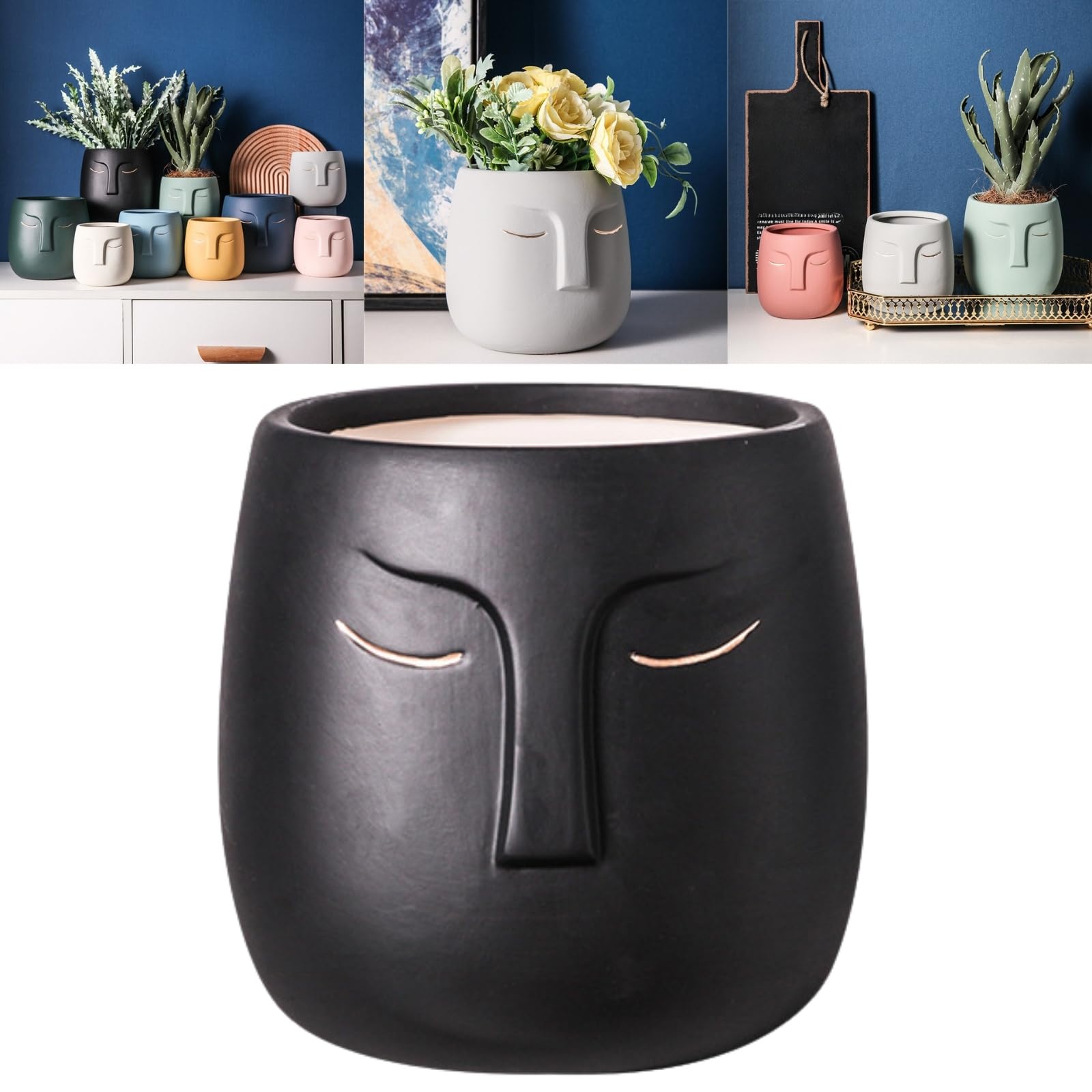 Boxonly Face Planter (Black, Medium, With Hole, Without Tray) - Ceramic Plant Pot for Succulents, Flowers, and Small Plants - Nordic Minimalist Vase for Indoor and Outdoor Home Decor
