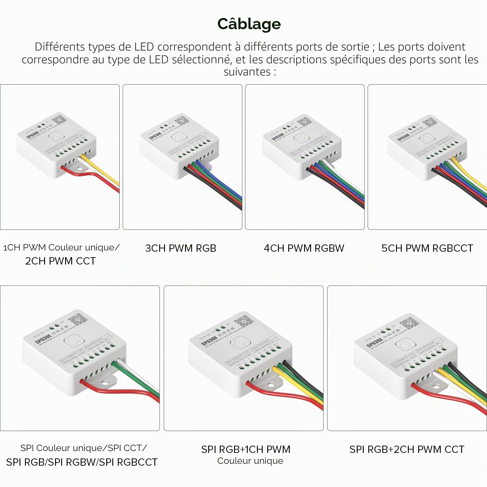 SEZO SP630E Contrôleur LED Bluetooth 12 en 1 2.4G DC5V-24V Compatible avec Ruban LED 5 CH PWM monochrome RGB RGBW ou SPI TTL IC WS2812B SK6812 WS2811 FCOB CCT LED Strip Control Modèle Musical