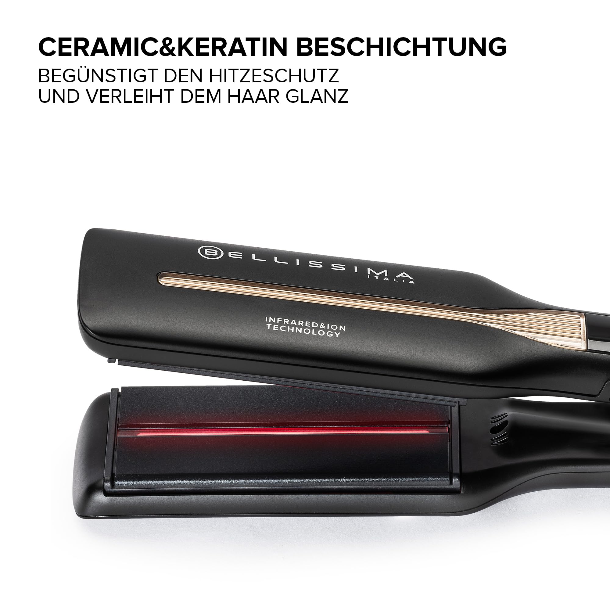 Bellissima Infrarot-Glätteisen, 4 Heizelemente, Keramik- und Keratinbeschichtung, 4 Temperaturen, flexibles Glätteisen, abgerundetes Design, schnelle Erwärmung, Beauty Bag