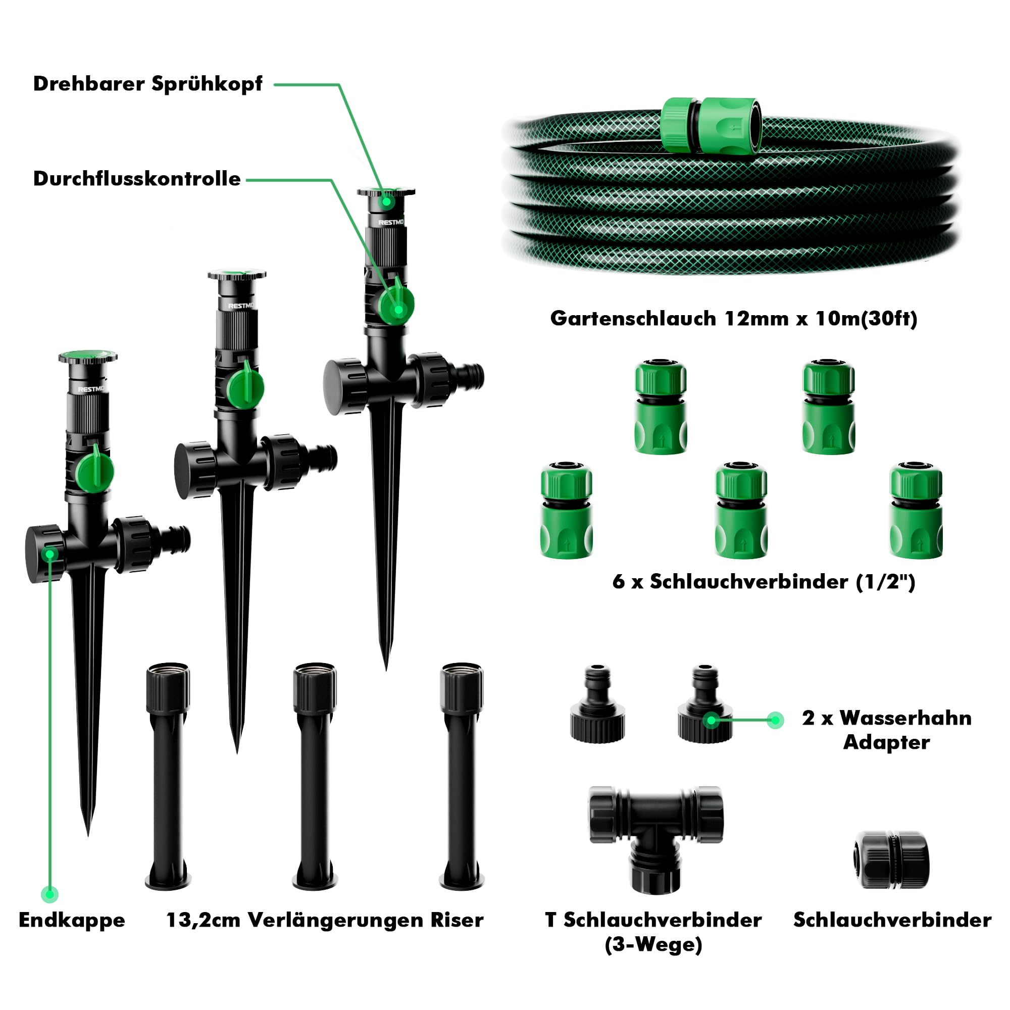 RESTMO Rasensprenger mit Erdspieß zur Gartenbewässerung, Mehrfach einstellbares Rasensprinkler, Flexibles bewässerungssystem für Garten, Pflanzen und Blumenbeete mit 10 m Gartenschlauch, Grün