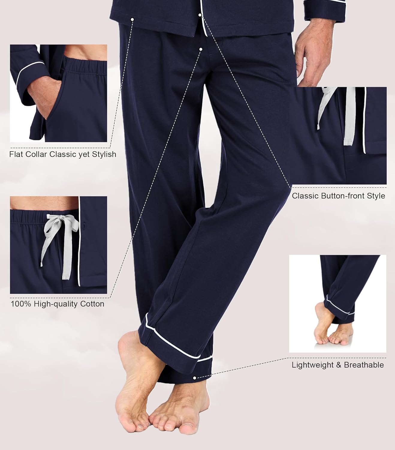 EA'S SECRET Men's Cotton Pajamas Set Button Down Pjs Set for Men Long Sleeve Knit Sleepwear Loungewear with Pockets - Image 3