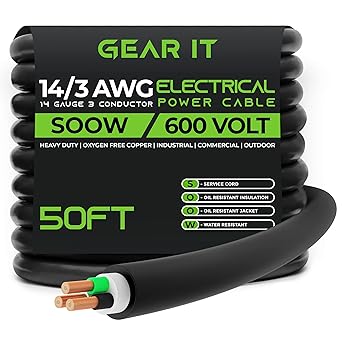 GearIT 14/3 14 AWG Portable Power Cable (50 Feet - 3 Conductor) SOOW 600V 14 Gauge Electric Wire for Motor Leads, Portable Lights, Battery Chargers, Stage Lights and Machinery -50ft Electrical Cord