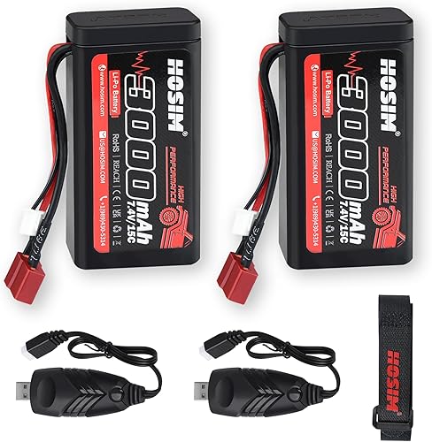 Hosim 2 baterías Lipo RC Lipo de 7.4 V 15C 3000 mAh con 2 cargadores USB y 1 correa de batería para control remoto de coche RC sin escobillas