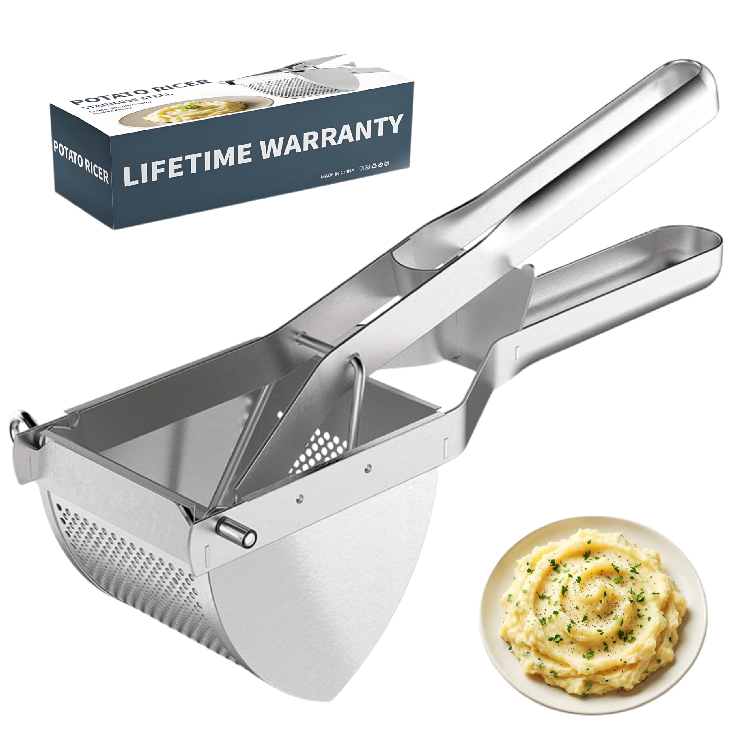 CHAKOOS Potato Ricer Stainless Steel Heavy Duty Potato Press, Large 23oz Potato Masher with Ergonomic Comfort Handle, Dishwasher Safe Vegetable & Fruit Ricer for Smooth Mashed Potatoes