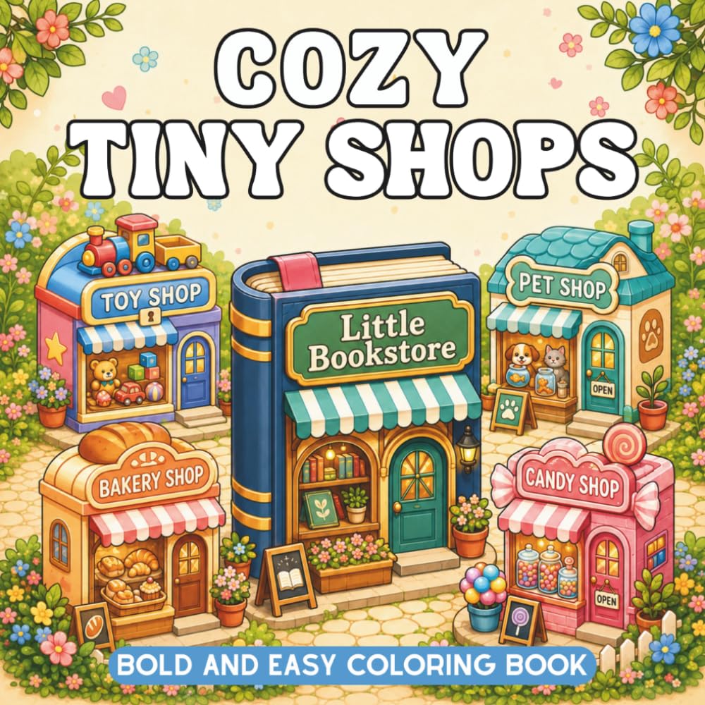 Cozy Tiny Shops: Bold and Easy Coloring Book for Teens and Adults
