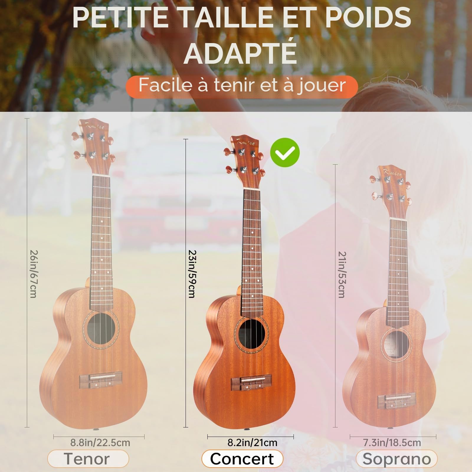 Ukulélé Kit de démarrage en acajou pour débutants avec sac de transport, sangle, cordes et livret d'instructions (français non garanti) 23 inch Concert MI2176.