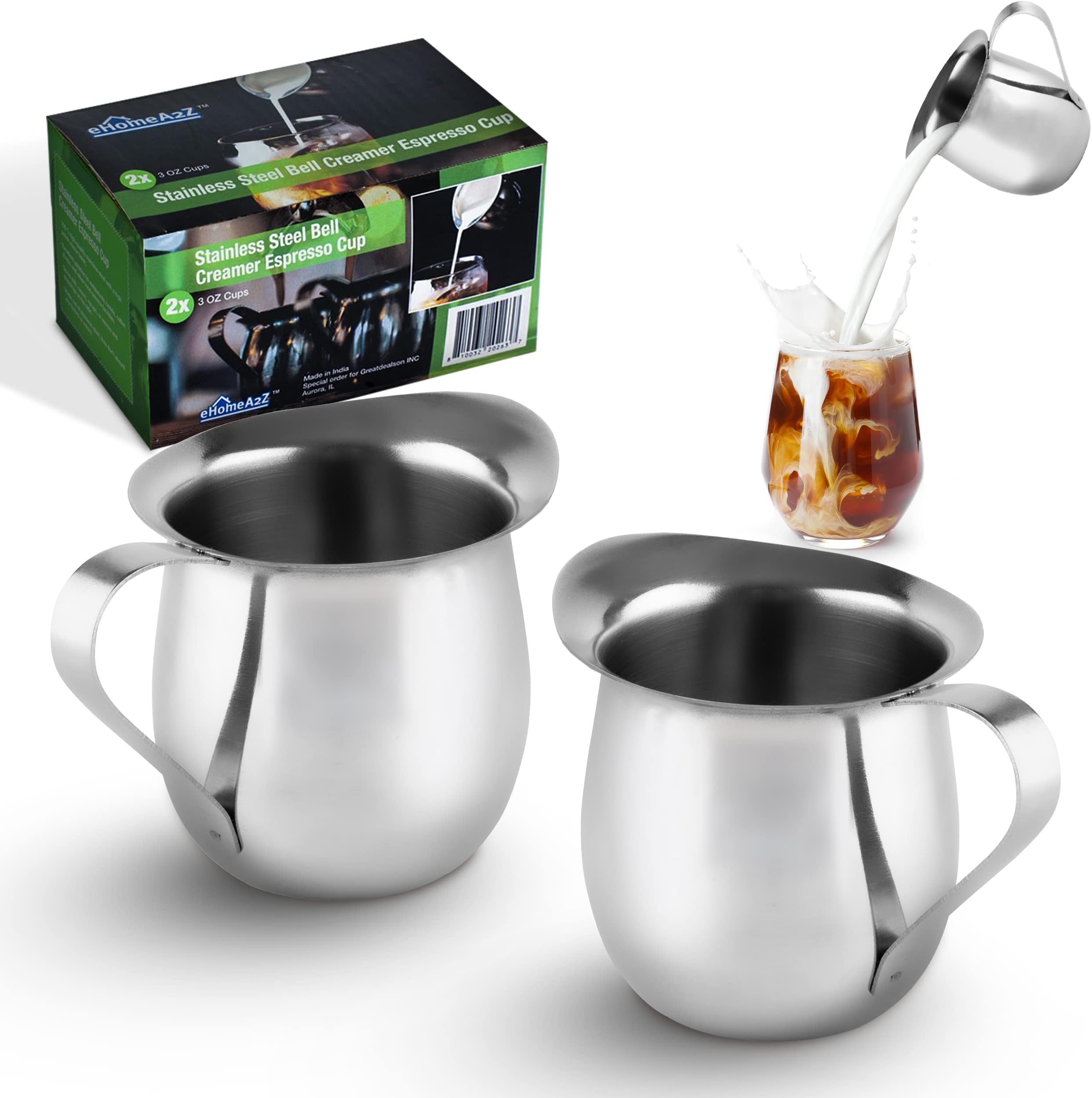 Stainless Steel Bell Creamer Espresso Shot Frothing Pitcher Cup Latte Art (2, 5 Oz)