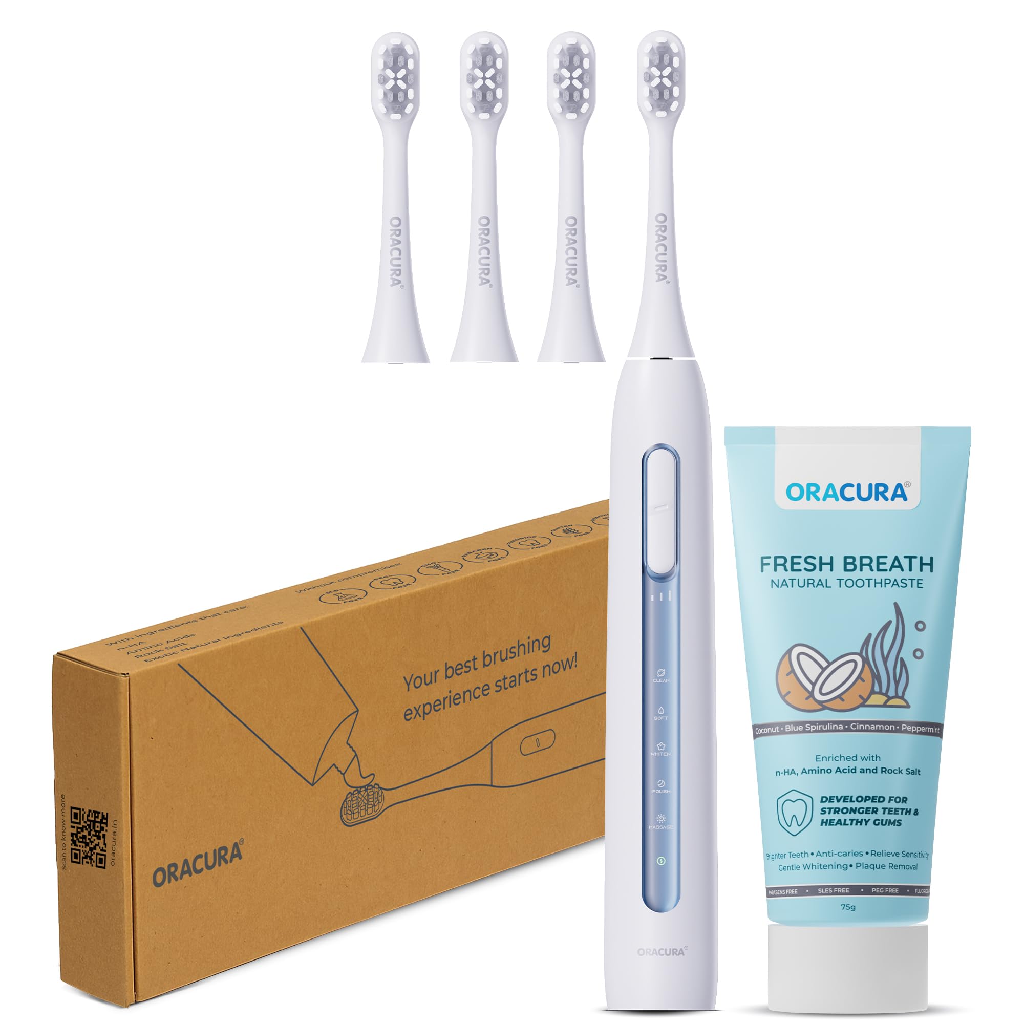 ORACURA® SB300 Blue Smart Sonic Toothbrush + Fresh Breath Natural Toothpaste (Coconut & Blue Spirulina) | With 3 Brush Heads