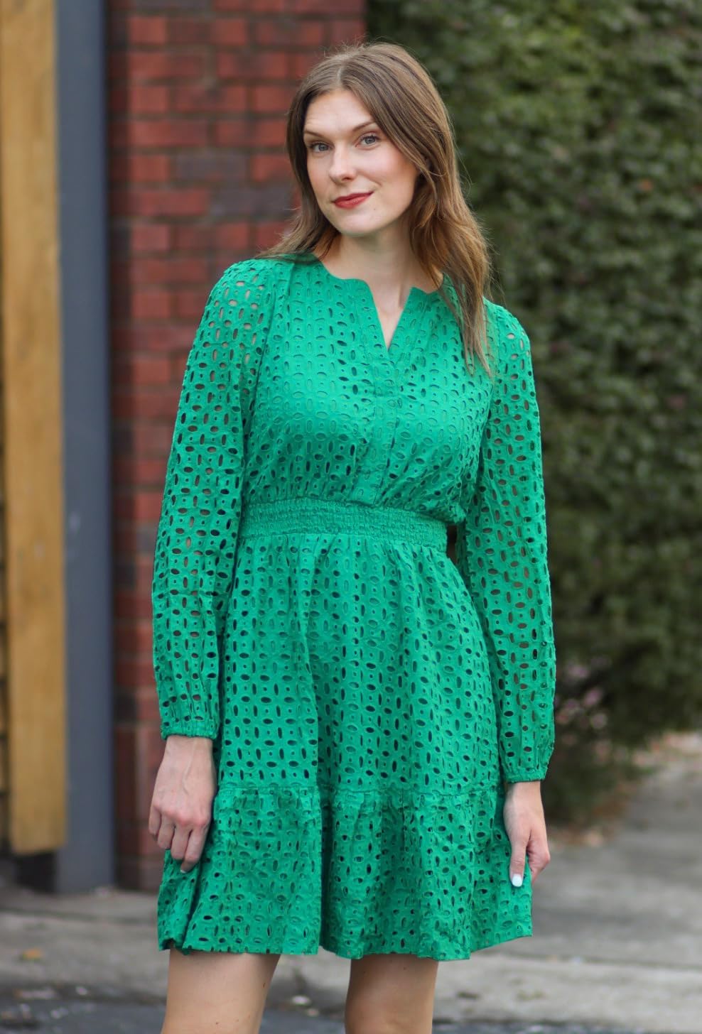 ZESICA Women's 2026 Long Sleeve Mini Dress Fall V Neck Hollow Out Eyelet Embroidery Ruffle A Line Swing Short Dresses - Image 6