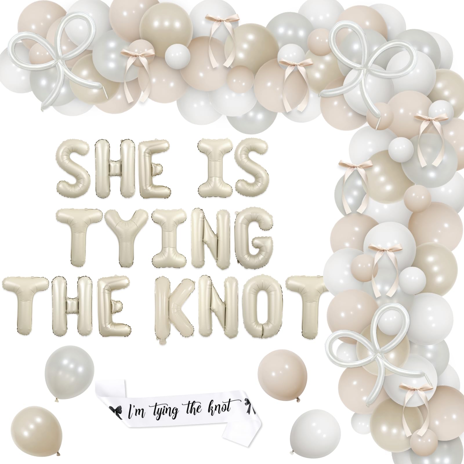 Fangleland Bow Bachelorette Party Decorations, White She's Tying The Knot Foil Balloons Sash Latex Balloons Garland Arch Kit Satin Ribbon Bow for Girls, Bridal Shower Engagement Party Supplies