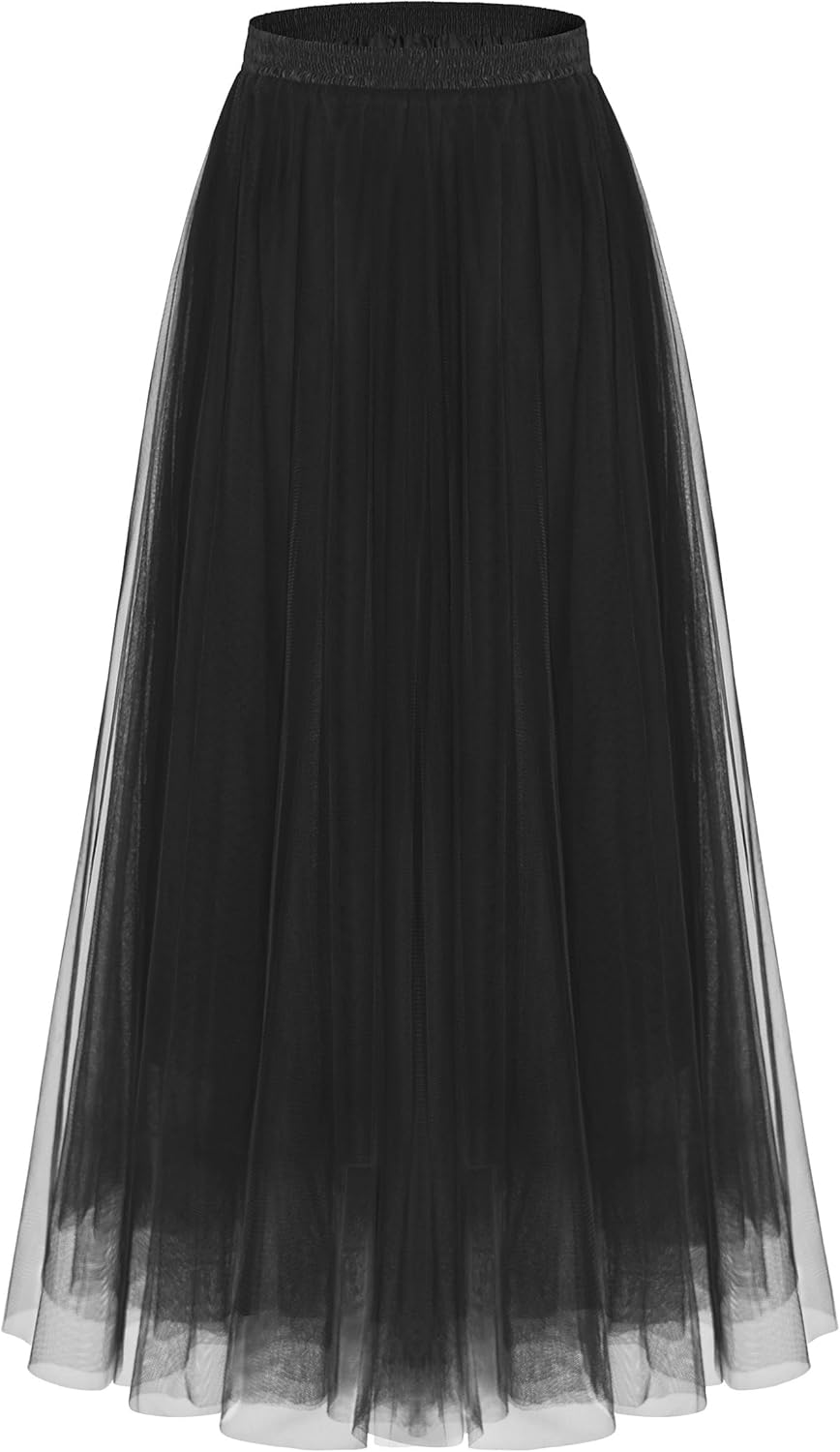 Kingfancy Women's Winter Skirts 2 Layered Tulle Tiered Long Skirts Elastic Waist A-Line Midi Skirts