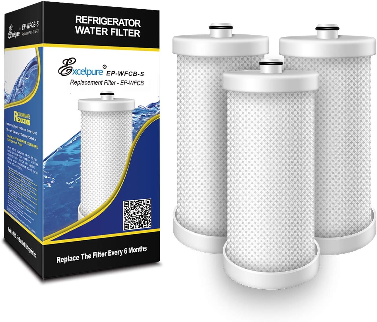 EXCELPURE EP-WFCB Refrigerator Water Filter Compatible With WFCB, WF1CB, HDX FMF-2, SWF1CB, WFB, SWFCB, SWFB, SGF-W1CB-SW, SGF-F1, WF284, WSF-1, WSF-2, WSF-4, 46-9906, 469906, RWF2300A - 3 PACK