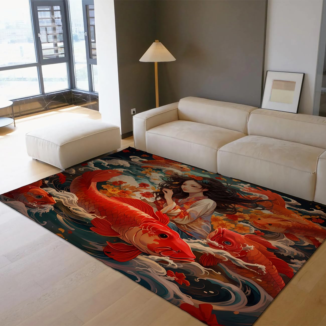 120 x 180 cm Dywan Syrena Koi Czerwone i płatki kwiatów Krótki włos