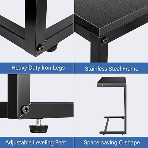 Miniatura 13 de YSSOA Mesa auxiliar para sofá, mesa auxiliar en forma de C para sofá y cama, parte superior de madera dura y marco de metal, mesa de sofá pequeña