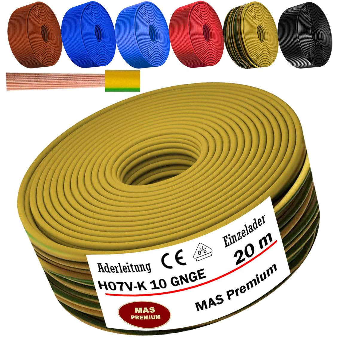 MAS Premium De 5 a 100m de cable unipolar H07 V-K 10 mm² Negro, marrón, azul oscuro, verde amarillento, azul claro o rojo Cable unipolar flexible (verde amarillento, 20m)