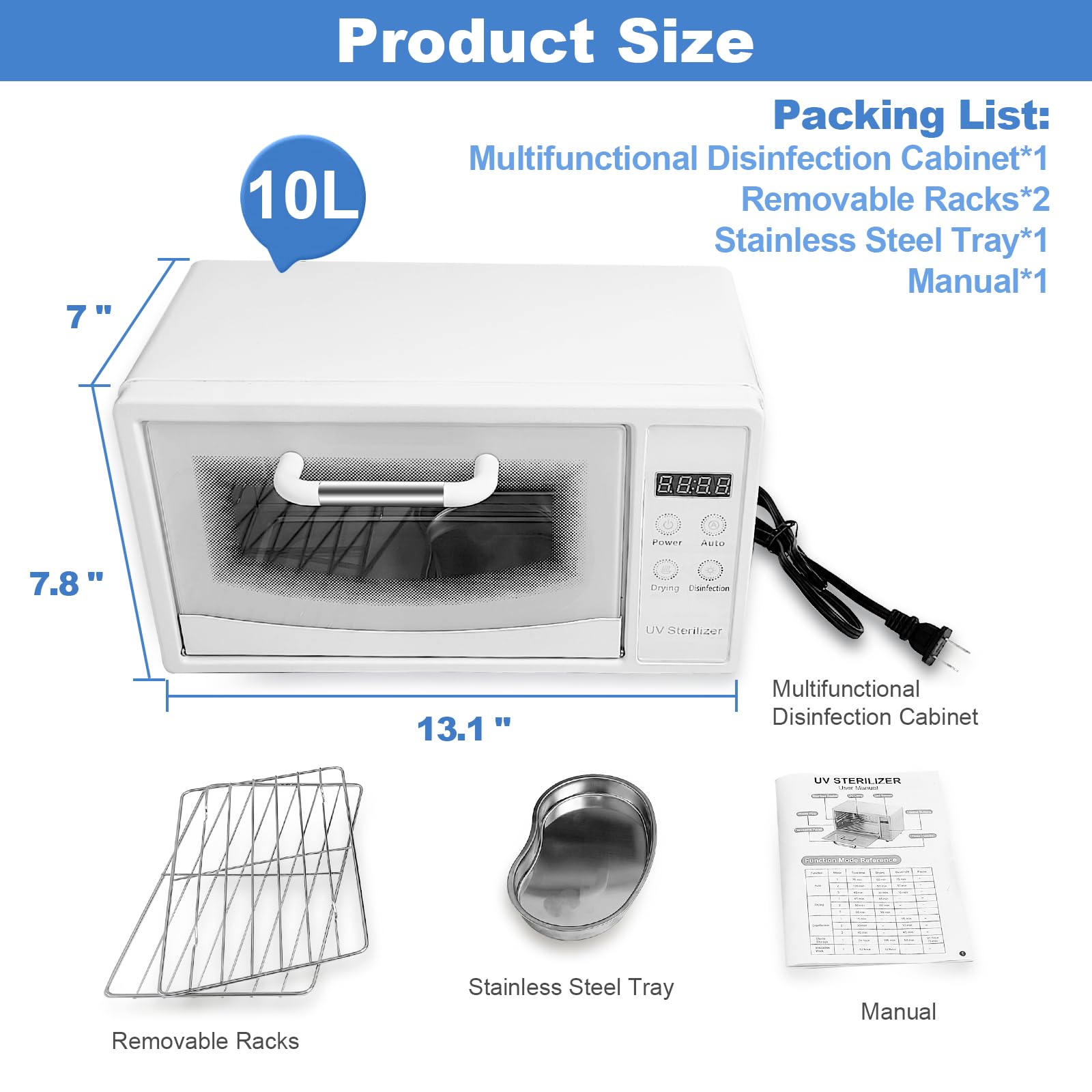CGBE Profesional 10L Esterilizador Manicura: Alta Eficiencia Autoclave Esterilizador con Secado - 75°C Aire Caliente Termostático - Esterilizador UV para Manicura Peluquería Estética - Blanco