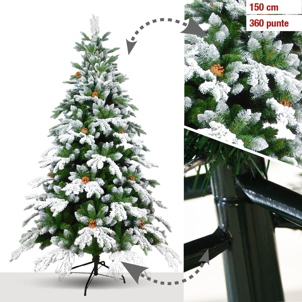 Aurora Store Albero di Natale Artificiale Verde Innevato con Pigne, Modello Val di Susa Altezza 120 Cm e 200 Rami, Abete Super Folto con Effetto Realistico e Rami con Aghi Anticaduta (150 cm)