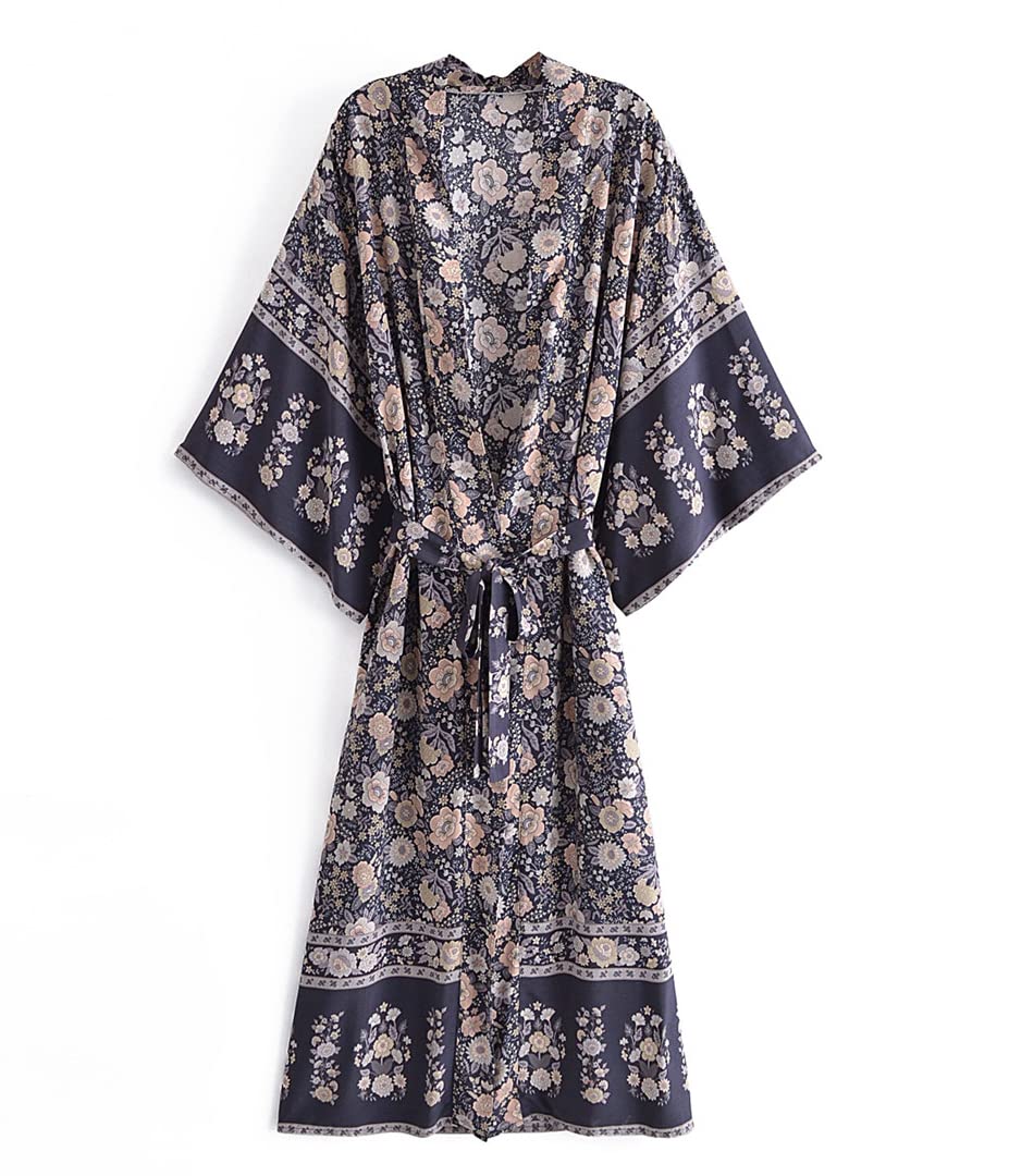 Dninmim Kimono long en coton imprimé floral pour femme - Style vintage bohème - Manches chauve-souris, Comme indiqué sur la photo, M