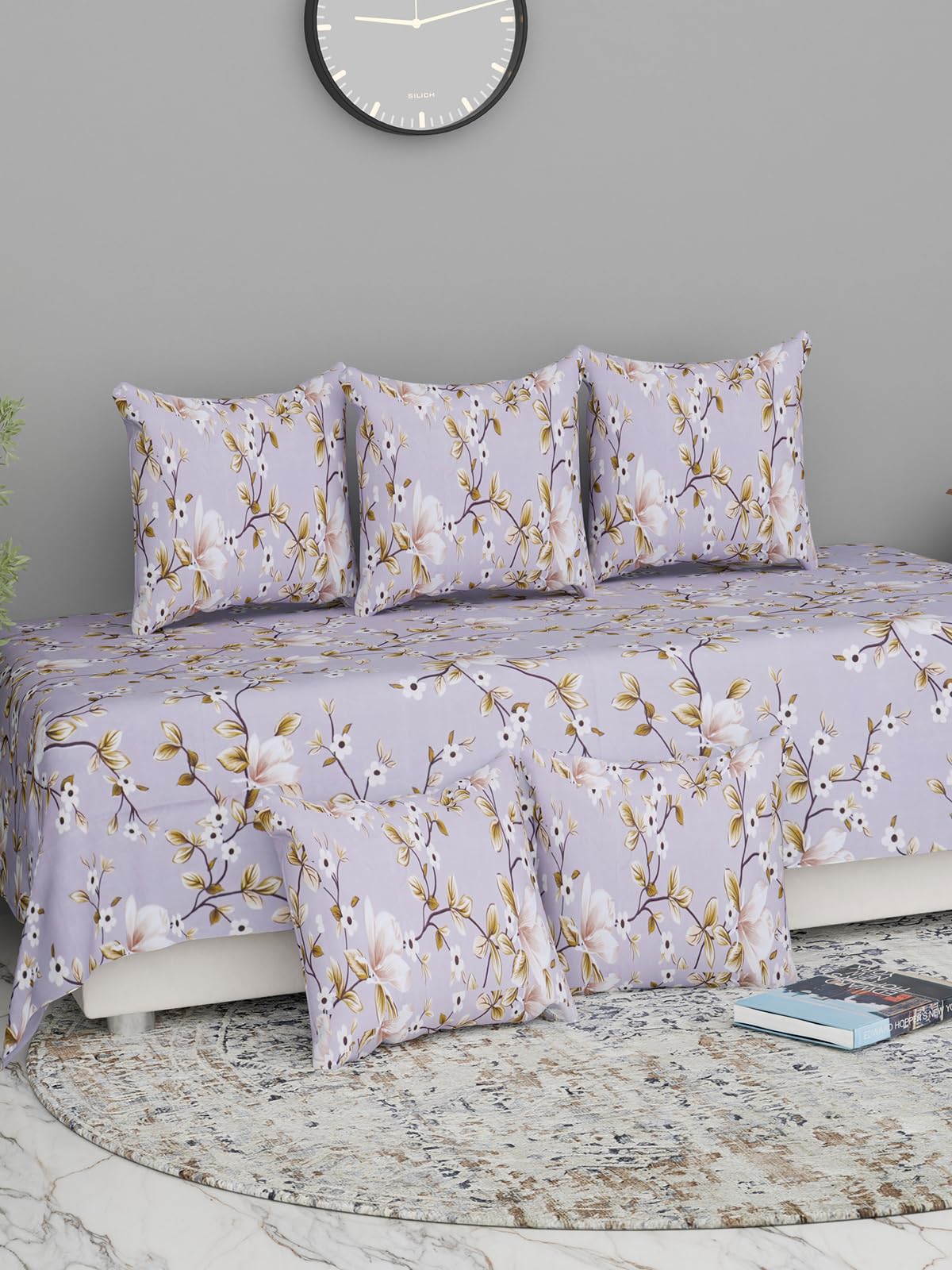 Florida Microfiber 6 Pcs Designer Printed Diwan Set (1 Single Bedsheet 155x228 cm, 5 Cushion Covers 40x40 Cm)-image-41