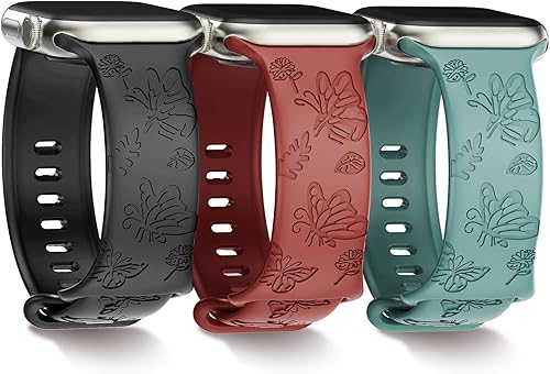 Paquete de 3 correas con grabado floral compatibles con Apple Watch Band de 1.732 pulgadas, 1.575 pulgadas, 1.494 pulgadas, 1.654 pulgadas, 1.614