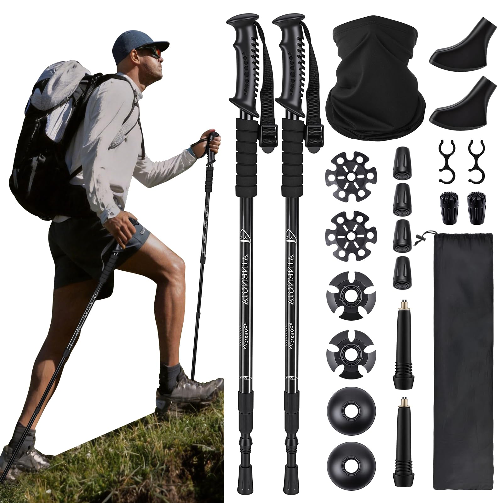 TEDOBE Bastón de Senderismo, Retráctil Plegable Ajustable 135cm, Juego de 2 Bastones Trekking con Amortiguación Antichoque, Incluye 22 Accesorios para Alpinismo, Esquí y Escalada, Negro