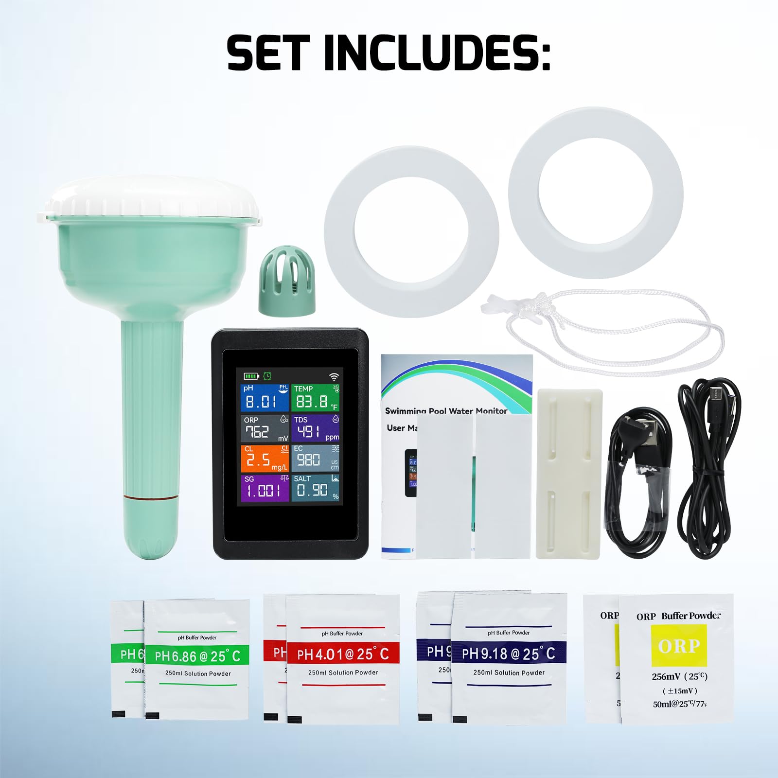 Intelligenter 8-in-1 Wasserqualitätstester mit WLAN, überwacht pH, ORP, Chlor, Salzgehalt, TDS, EC, spezifisches Gewicht und Temperatur per Tuya-App für Pools, Spas, Whirlpools und Aquarien.