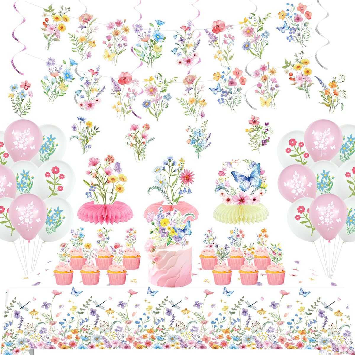 Spring Wildflower Party Decorations Include Banner, Hanging Swirls, Honeycomb, Tablecloth, Cake Toppers for Floral Baby Shower Birthday Decorations