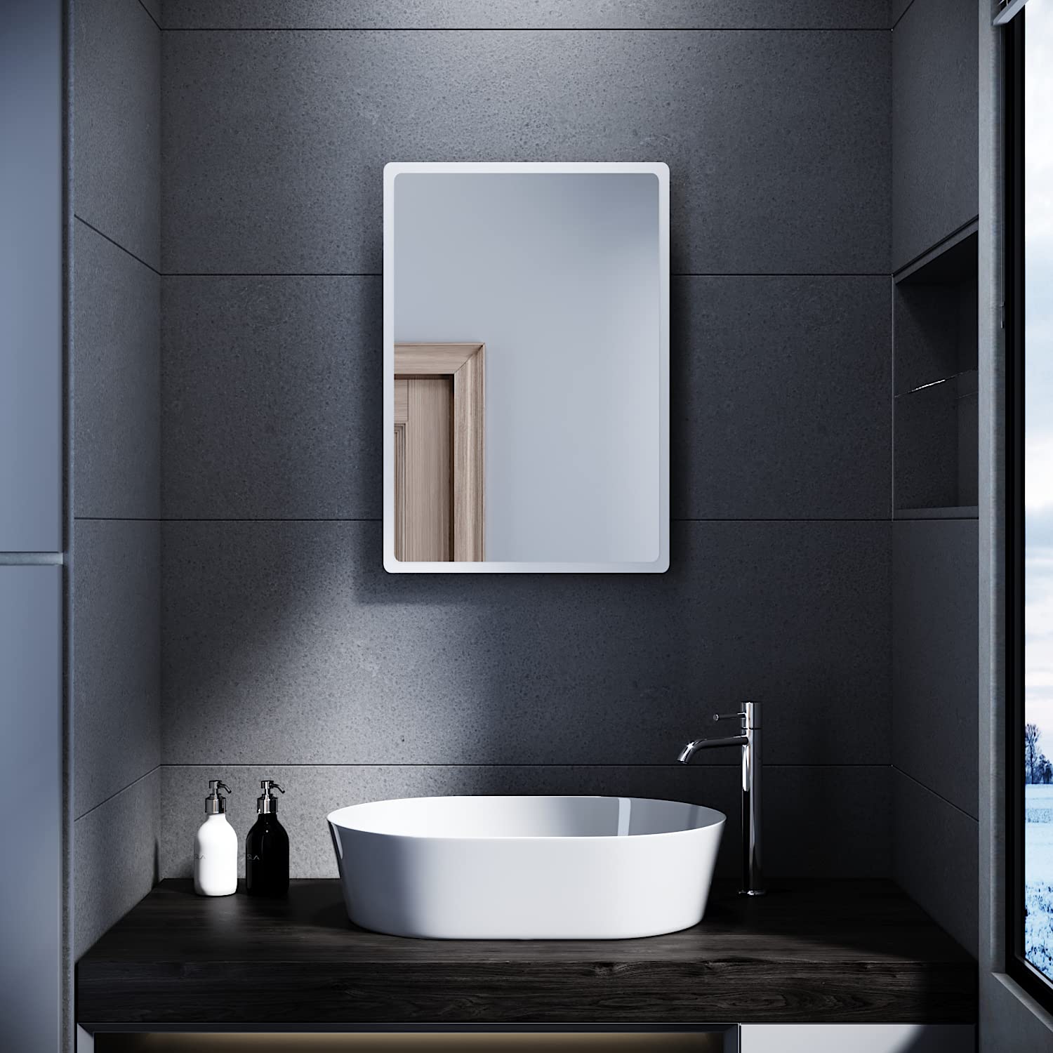 SONNI Espejo Baño con Luz 60x40 cm Espejo Baño LED Interruptor de Pared,Montaje Vertical u Horizontal Blanco Frío IP44 Bajo Consumo