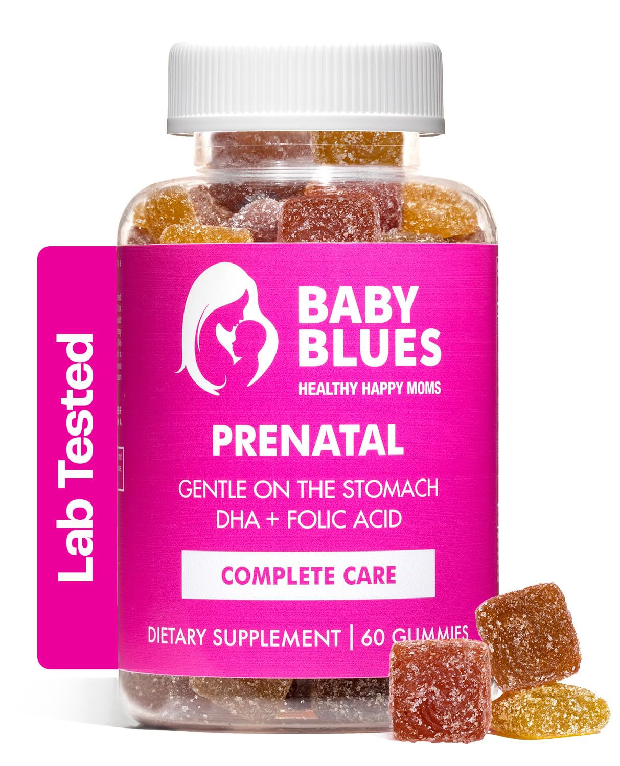 Baby Blues Multivitamínico pré-natal em gomas com DHA, ácido fólico, sem ferro, sabor limonada de framboesa, 60 gomas