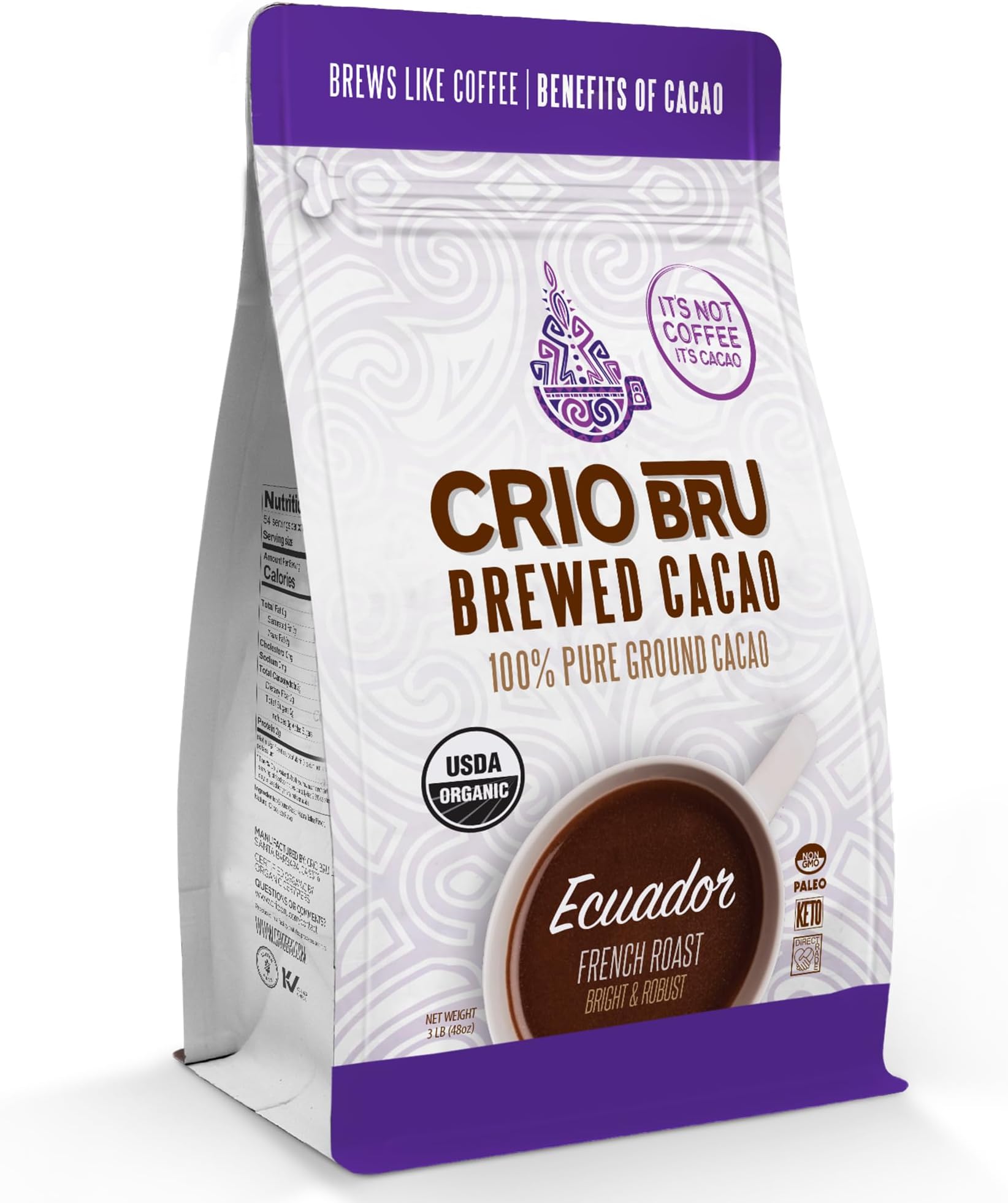 Crio BruBrewed Cacao Ecuador French Roast - Coffee Alternative Natural Healthy Drink | 100% Pure Ground Cacao Beans | 99.99% Caffeine Free, Keto, Low Carb, Paleo, Brew And Enjoy Hot or Iced (3lb)USDA Organic