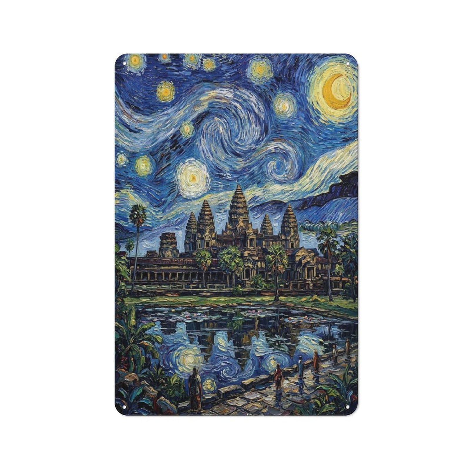 Angkor Wat Starry Night Painting Retro Metal Wall Decor 30x20cm, Vintage Metal Sign for Coffee Bar, Small Shop Or Dining Room