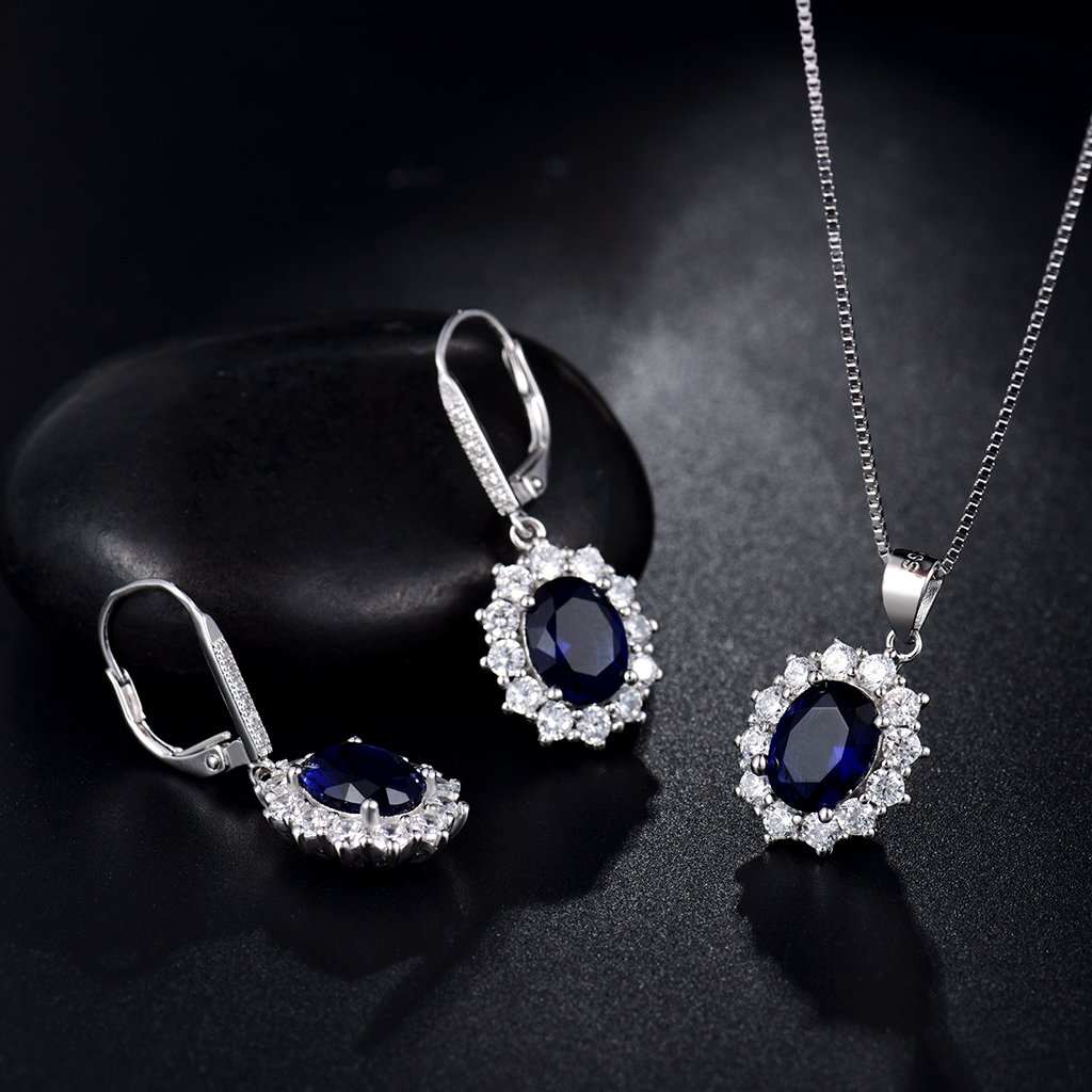 MASOP Silber Damen Schmuck Set, 925 Sterling Silber Saphir Schmuckset, Silber Blau Halskette und Ohrringe Set, Oval Anhänger mit 45 cm Damen Halskette & Ohrhänger, Prinzessin Diana Luxus Schmuck