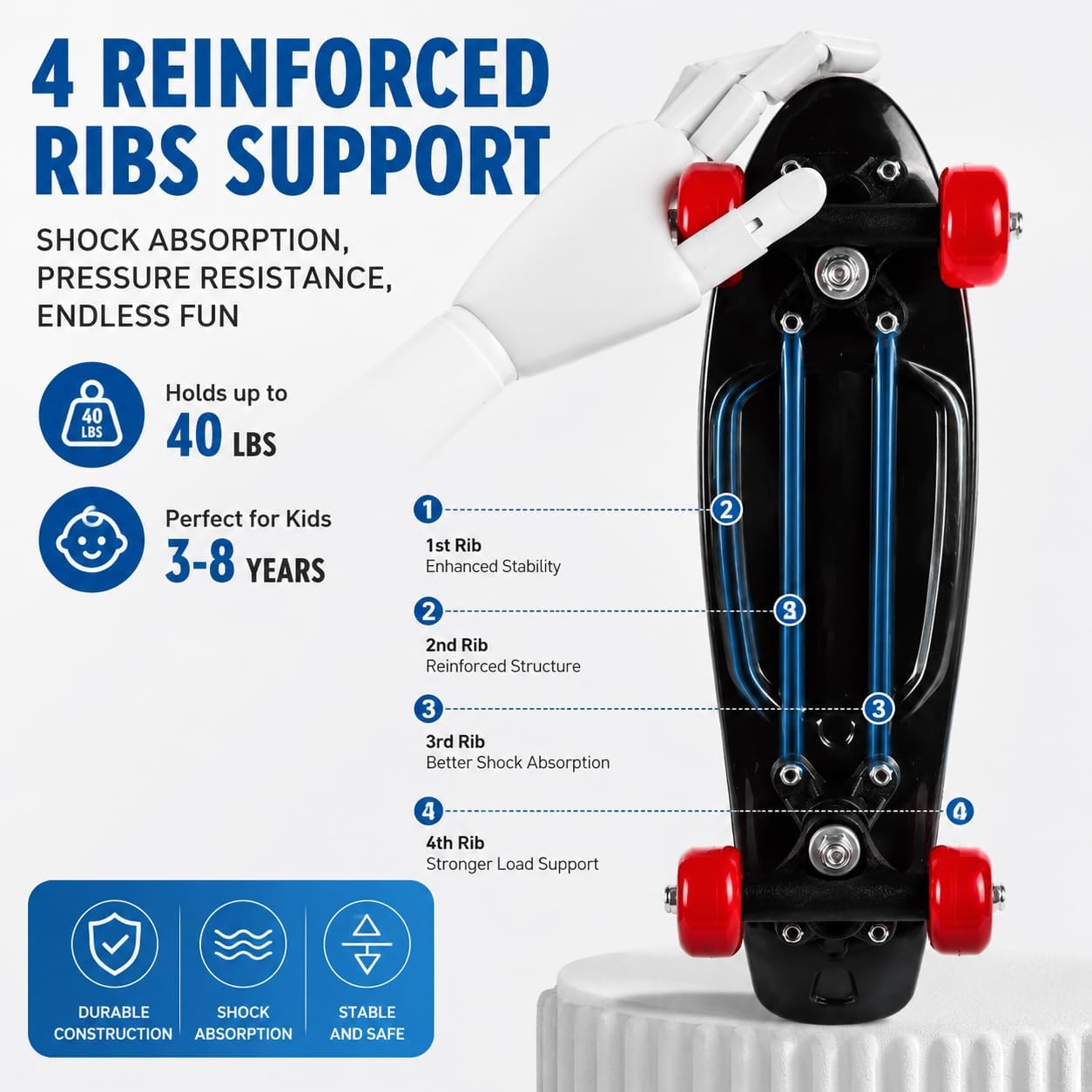Mini Skateboard,17" Classic Retro Plastic Cruiser for Beginners, Compact Mini Cruiser Board with Grippy Molded Waffle Deck, Complete Skateboard for Easy Riding
