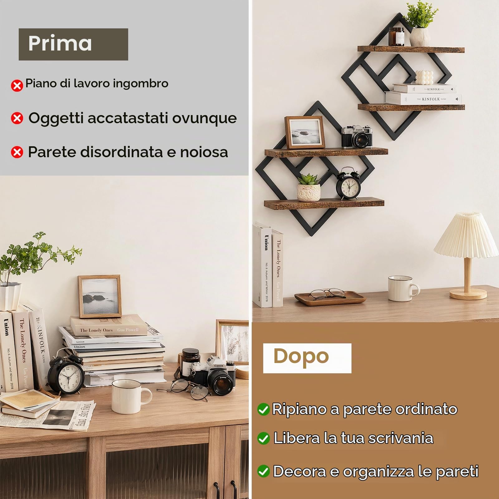 Mensole Galleggianti, Set di 2 Mensole da Muro Design, Mensole da Parete da 40 cm, Ripiano Decorativo Sospeso a 2 Livelli, Mensole Sospese in Legno per Soggiorno, Camera da Letto, Bagno