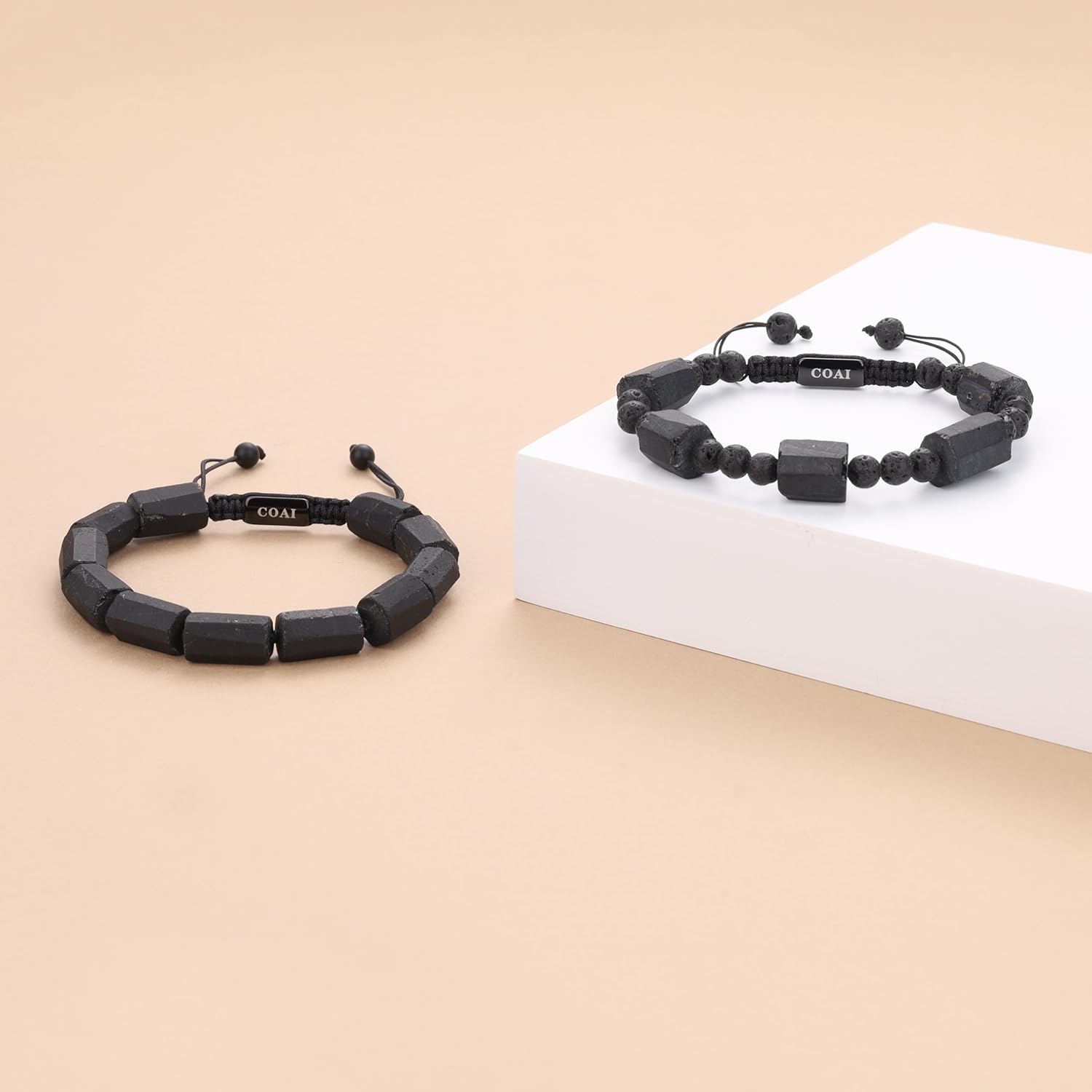 COAI Lava Black Tourmaline Beaded Bracelet for Men, Black Stone Raw Crystal Bracelet for Men - Image 5