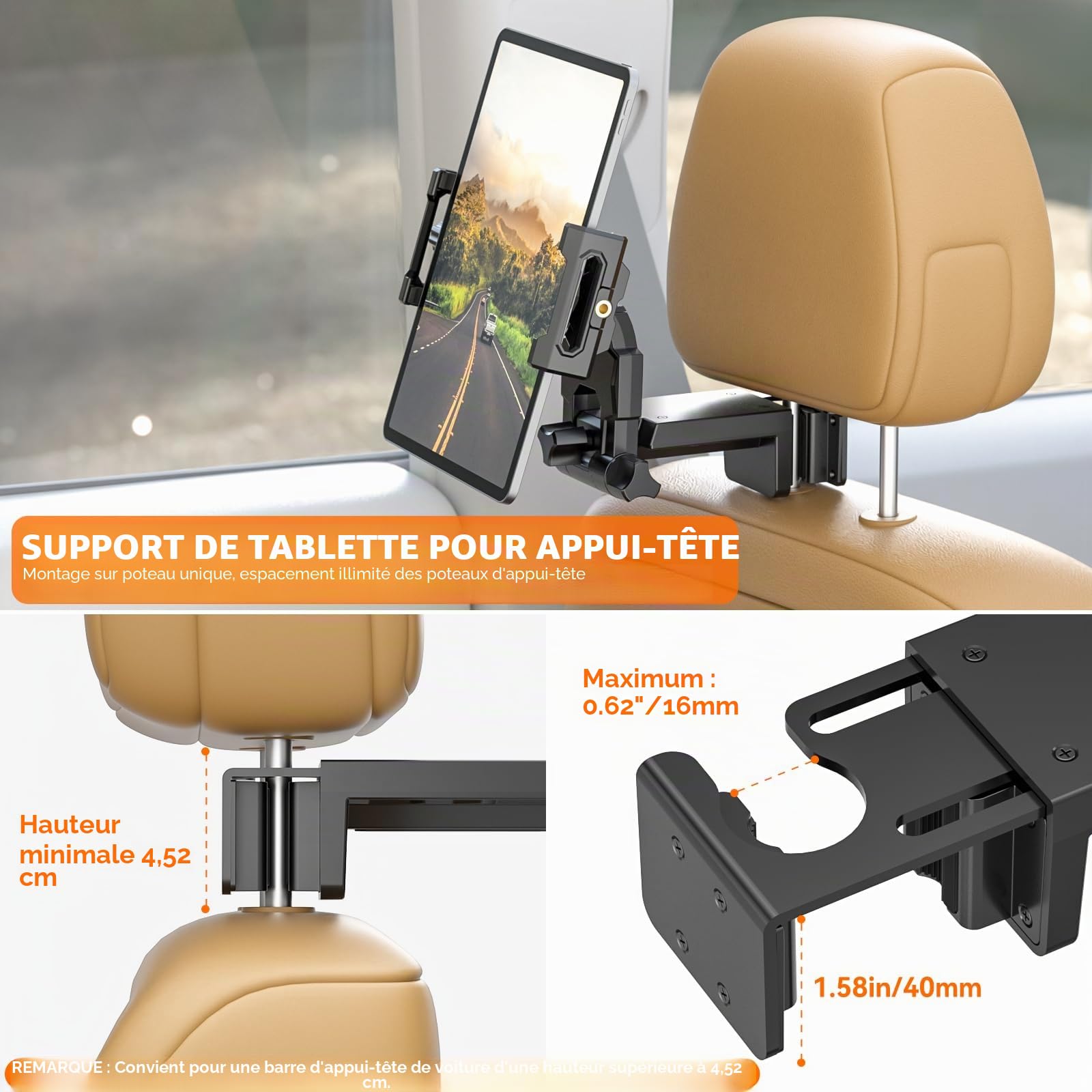 KDD Support de Tablette pour appuie-tête de Voiture - Rotation à 360 ° - avec Bras réglable - pour téléphones Portables et tablettes Pro, Air, Switch, Galaxy, 4,7 à 12,9"